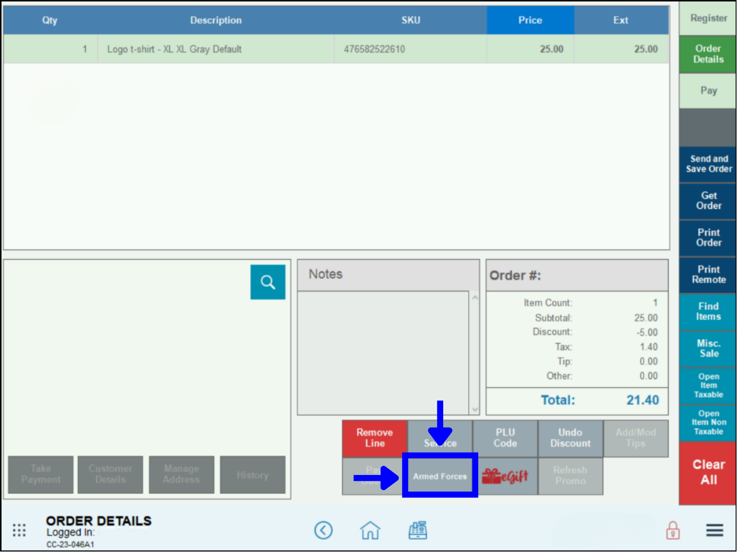 Add Discount to Register – Armed Forces Discount Button displayed on Register app