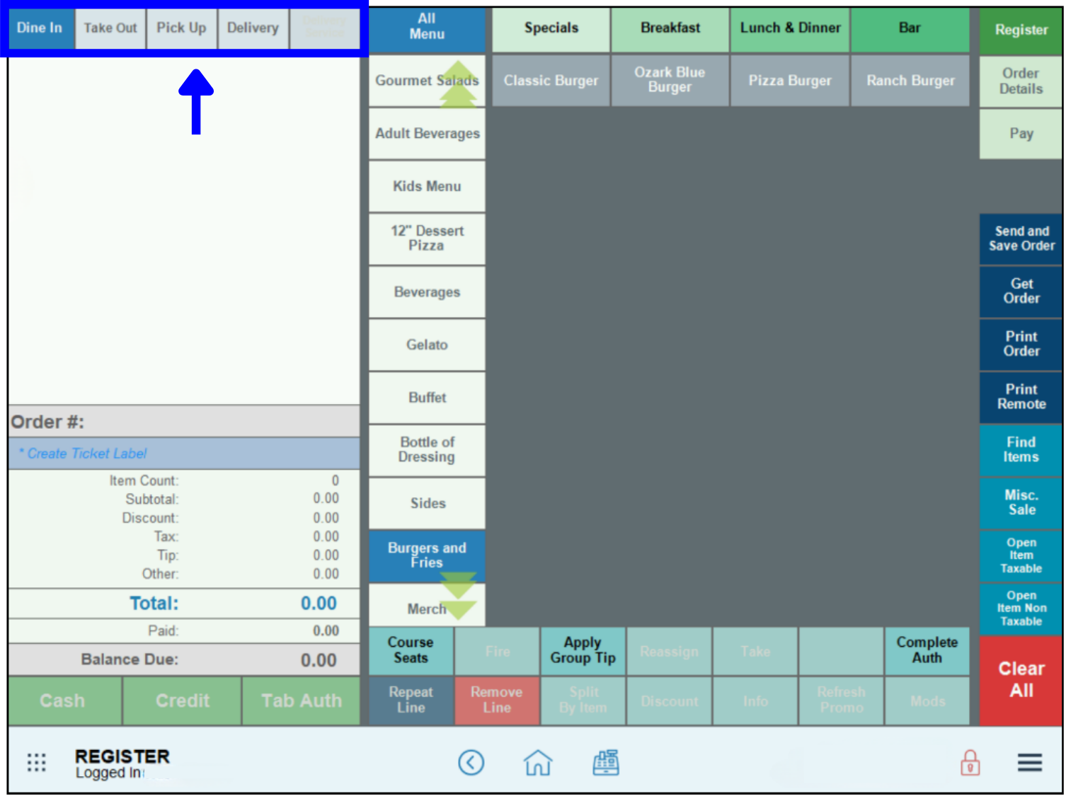 Place an order from the register by selecting order type button