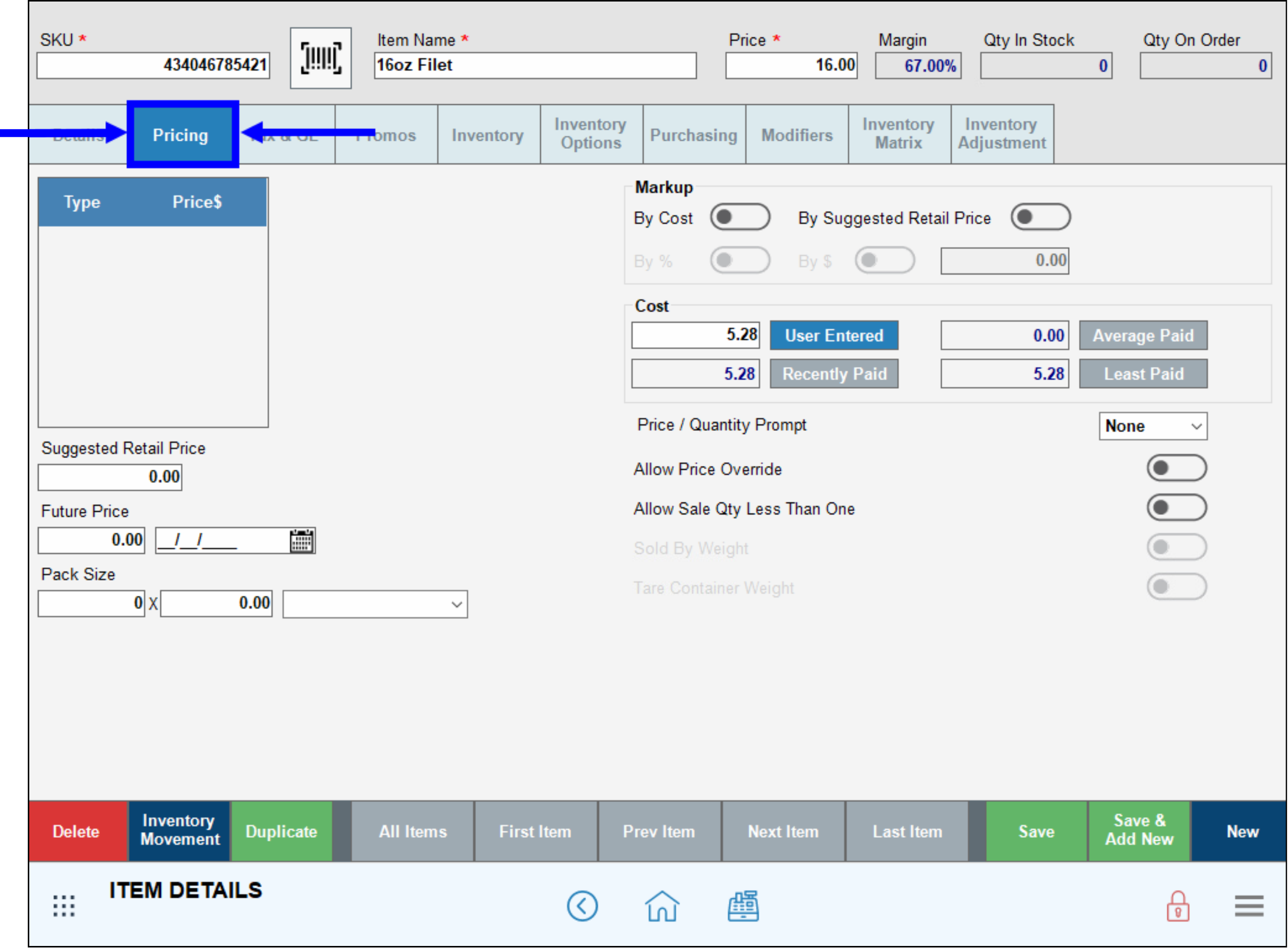 Pricing tab highlighted on item details screen