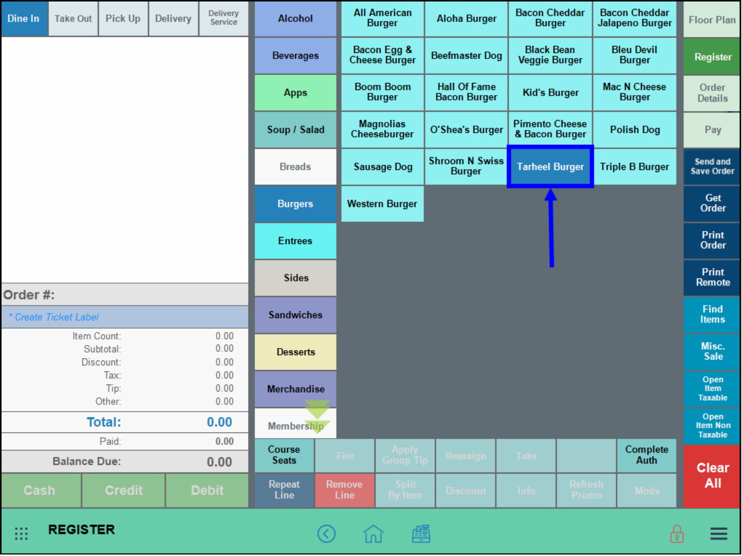 Tarheel burger item highlighted in the register