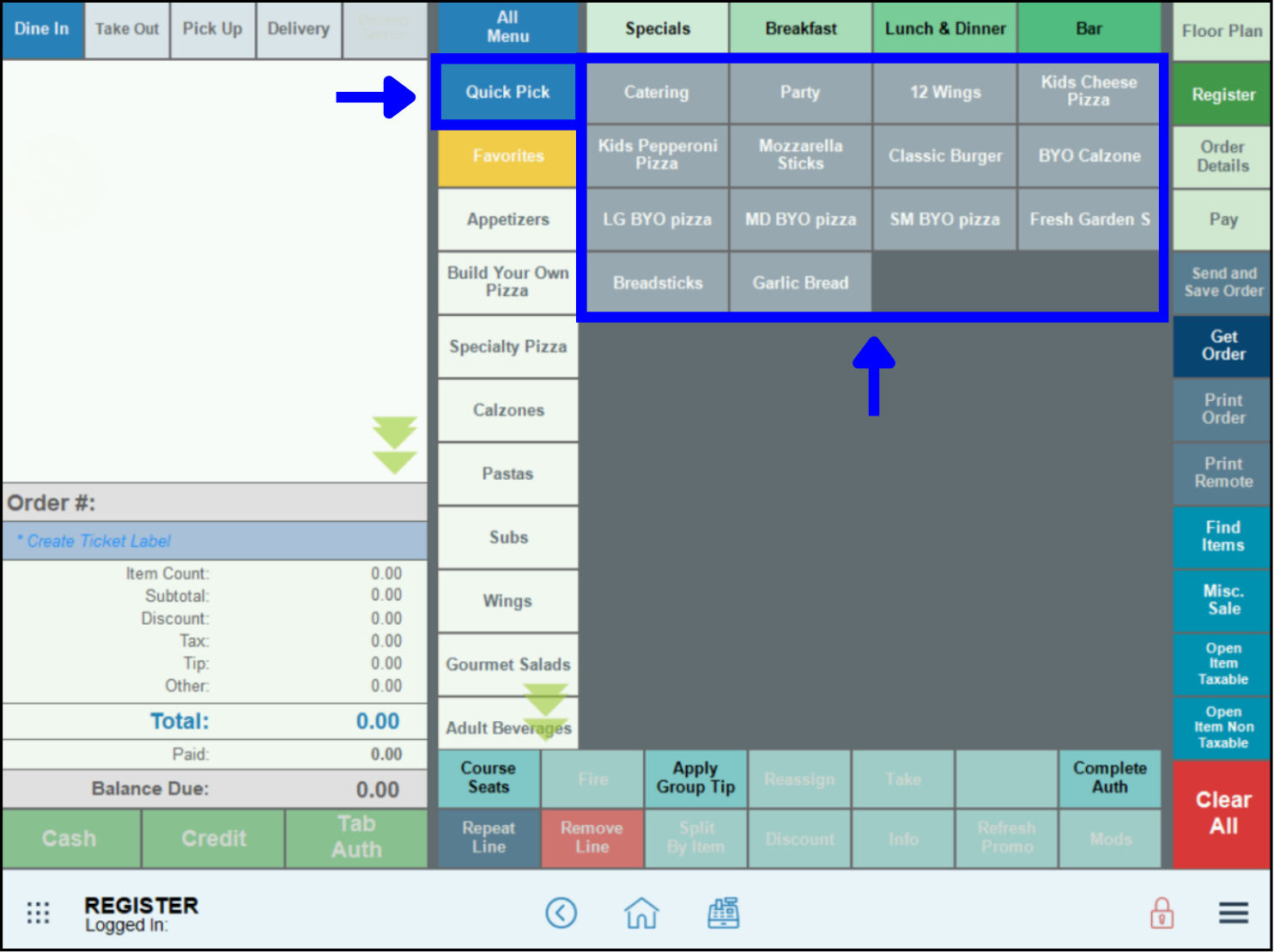 View Quick Pick menu on register