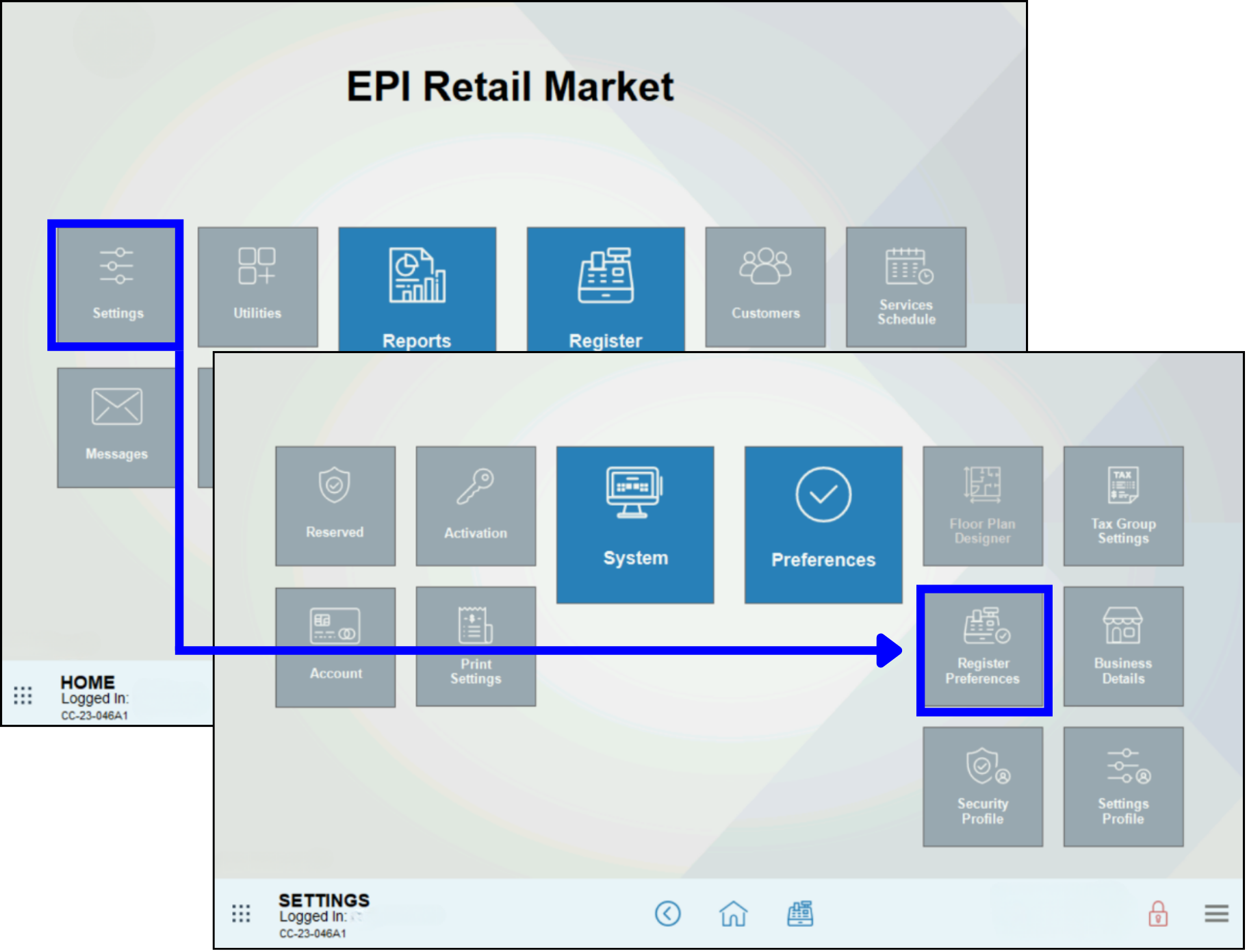 Add Discount to Register – Home Settings Register Preferences navigation screens