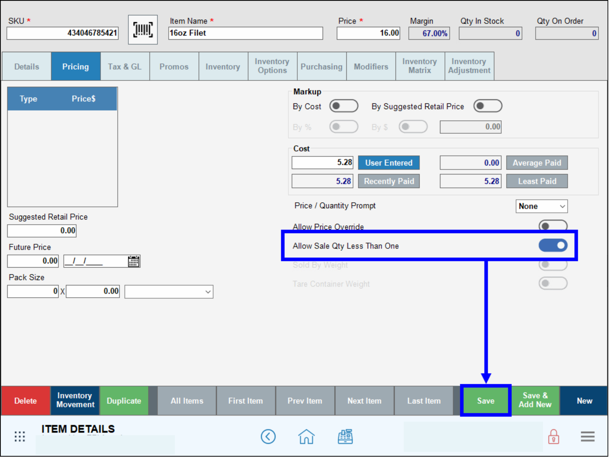 Allow sale quantity less than one setting highlighted
