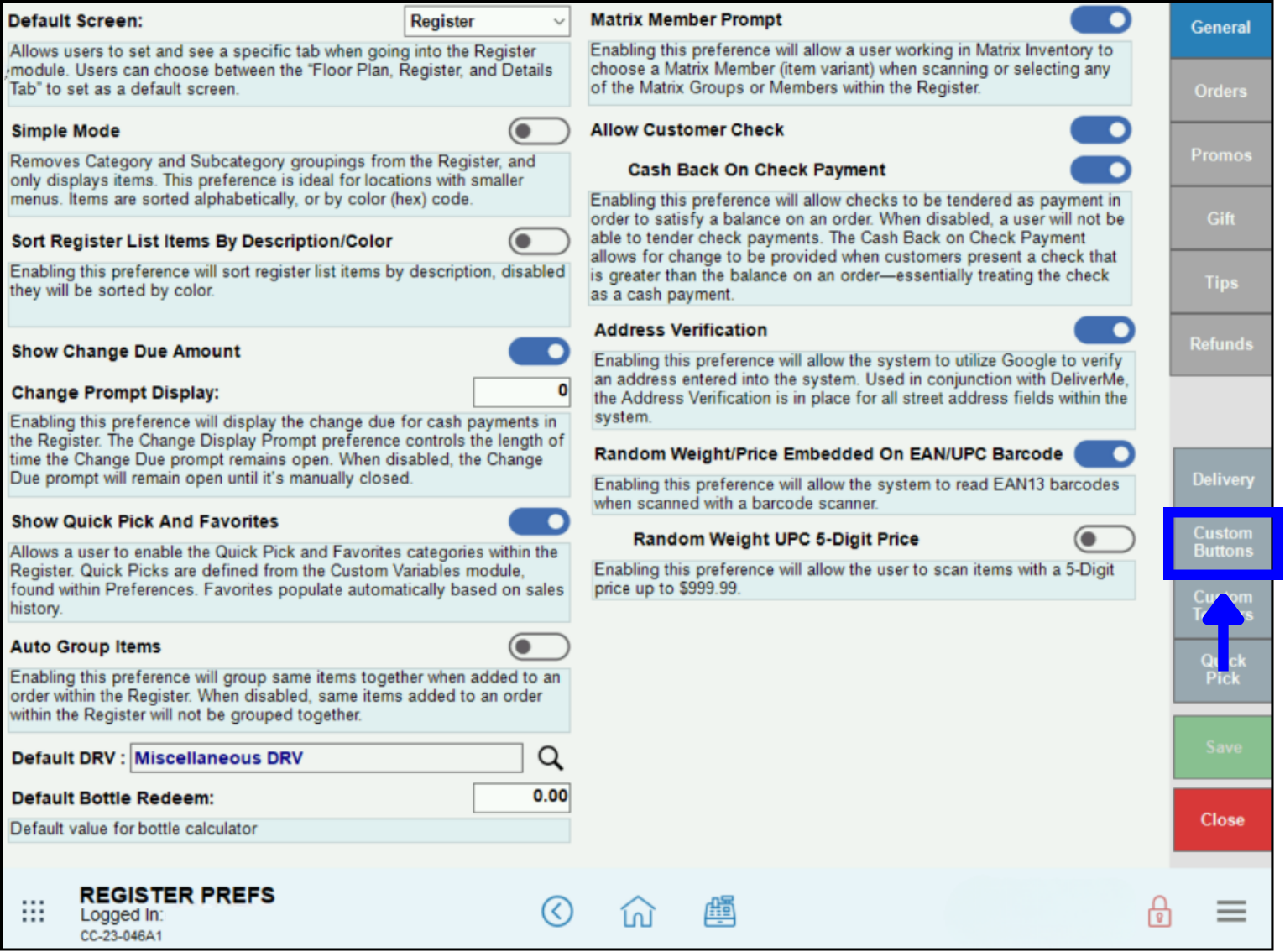 Add Discount to Register – Custom buttons location on Register Preferences screen