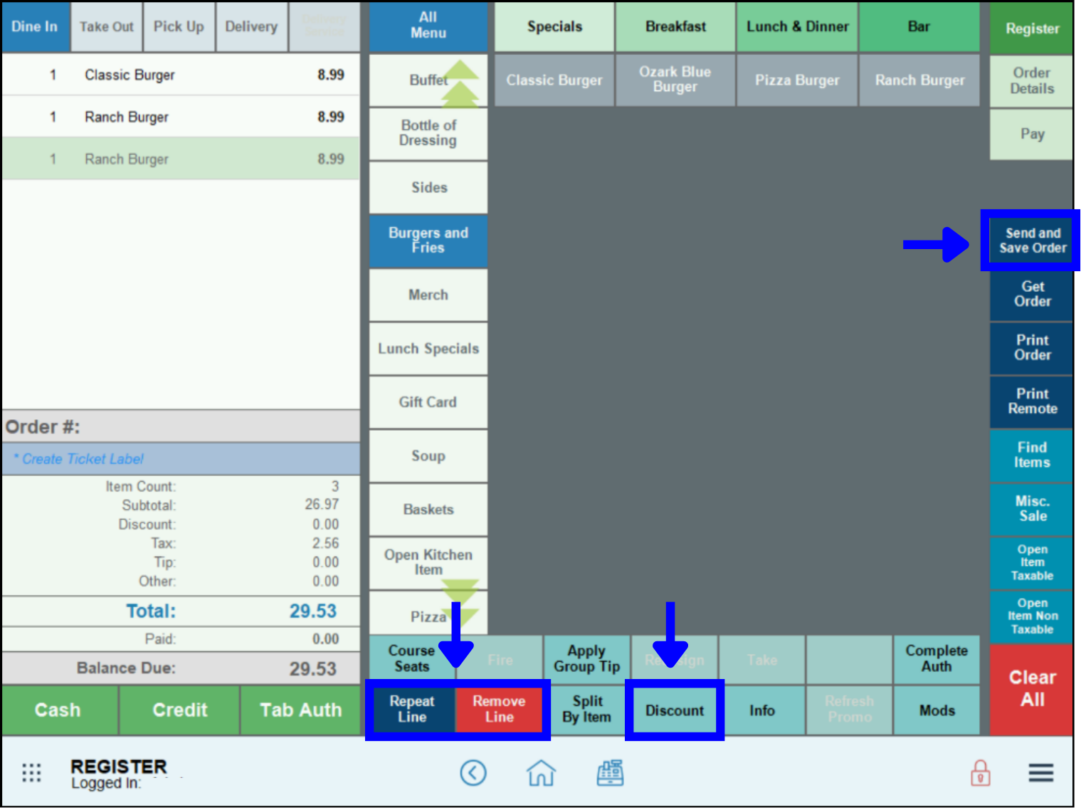 Use the Send and Save Order button to save an order and send to the kitchen