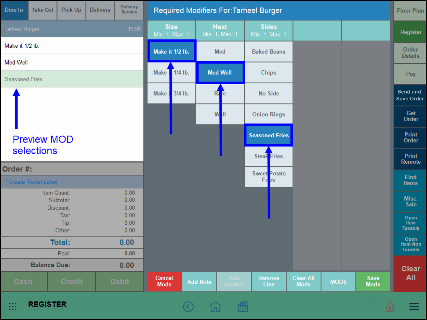 Three modifiers selected in modifier groups in register