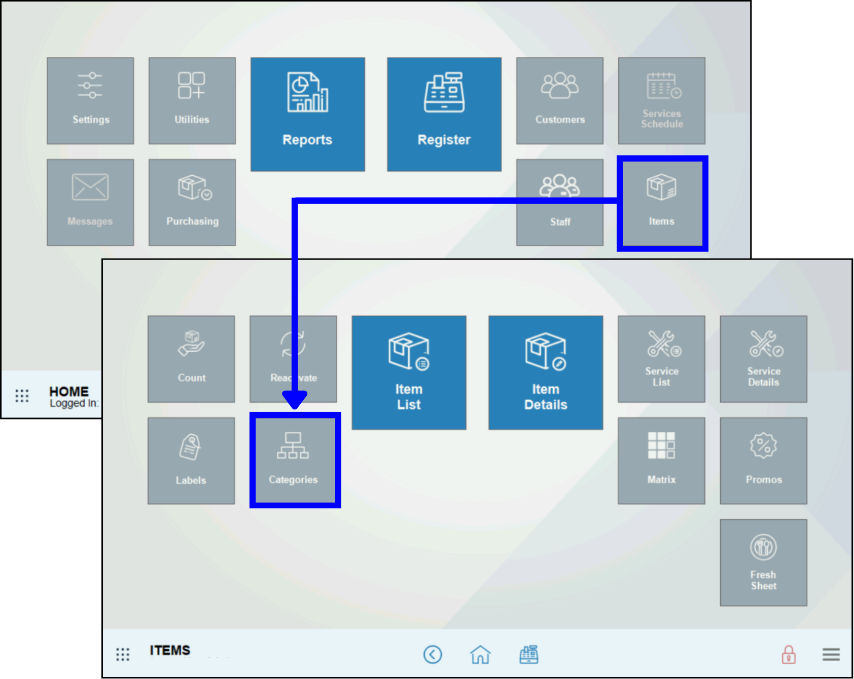 Tap Items then Categories