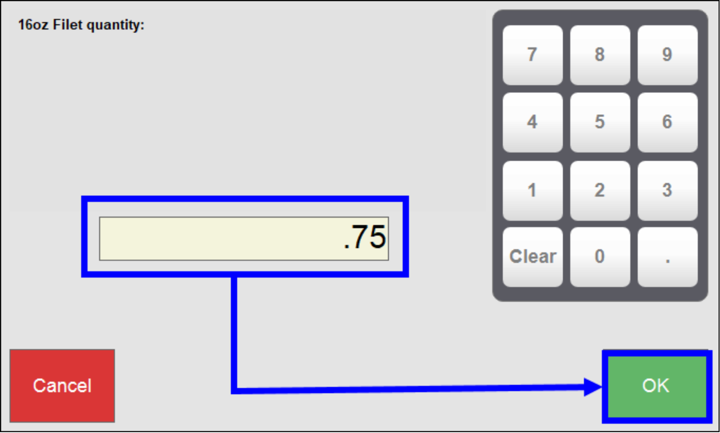 Fractional quantity field highlighted with arrow pointing to ok button