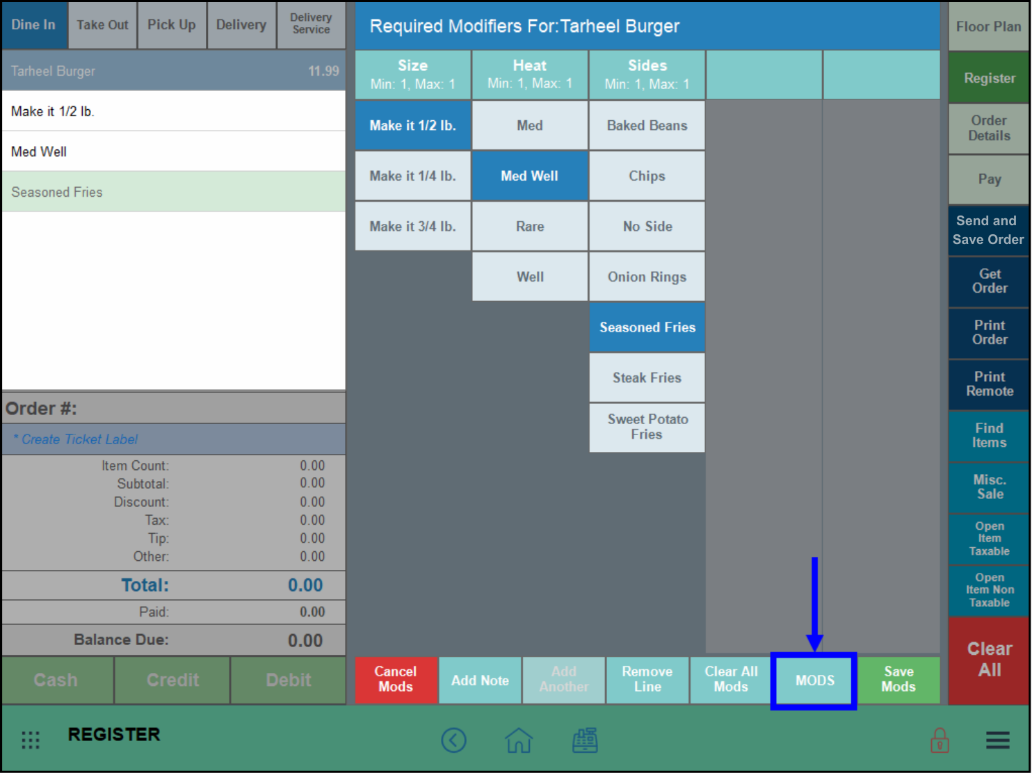 Mods button highlighted in the register