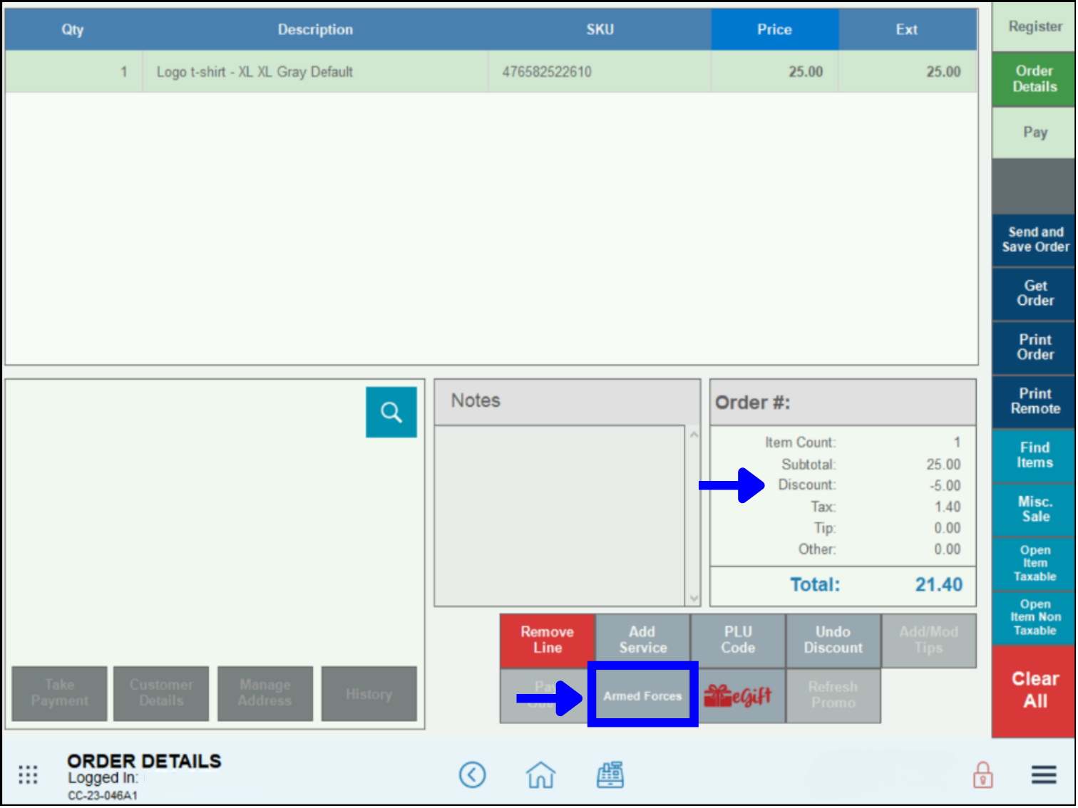 Add Discount to Register – Custom button on register showing Armed Forces order discount