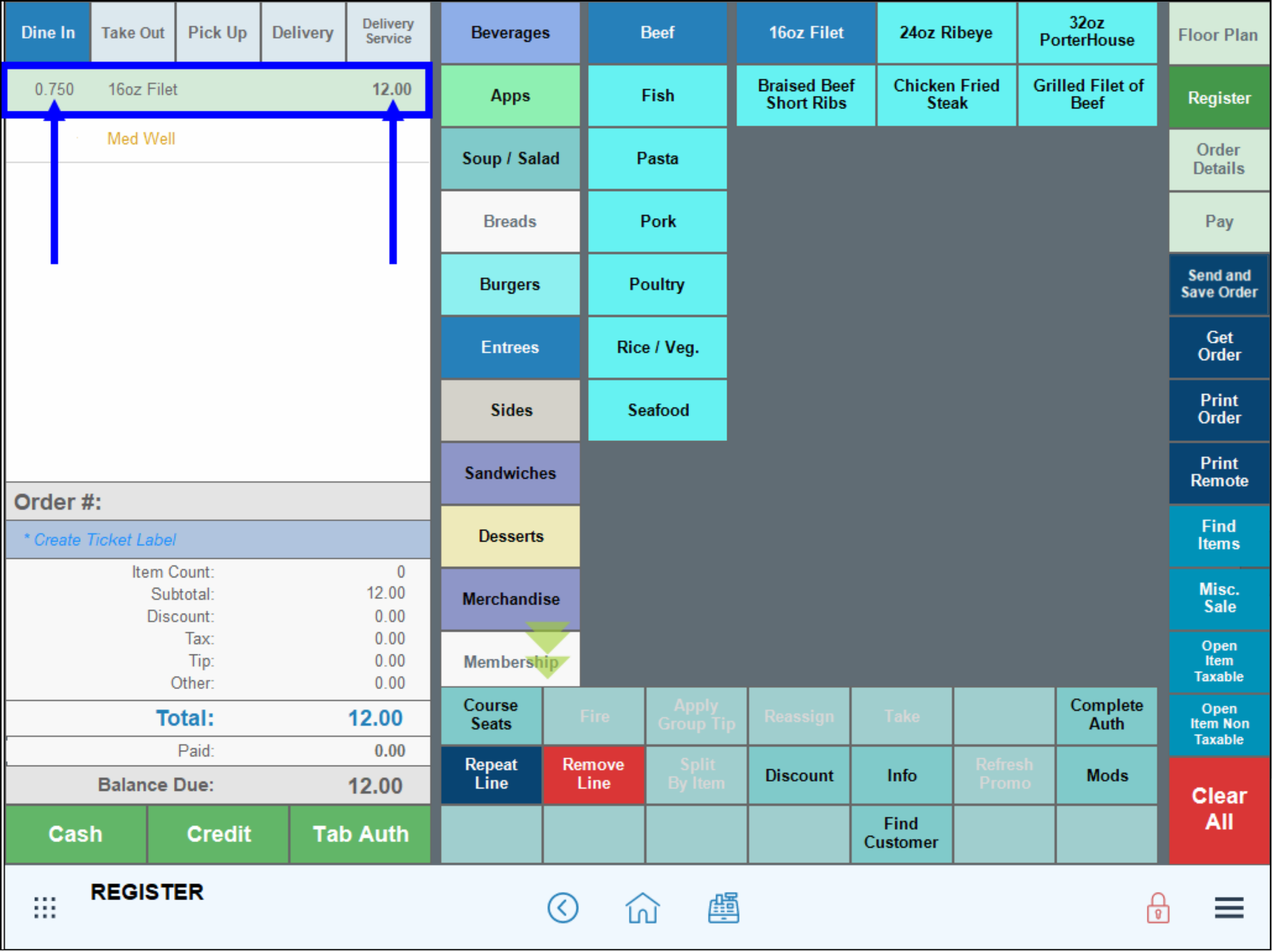 16 ounce filet highlighted in register with arrows pointing to fractional quantity and reduced price