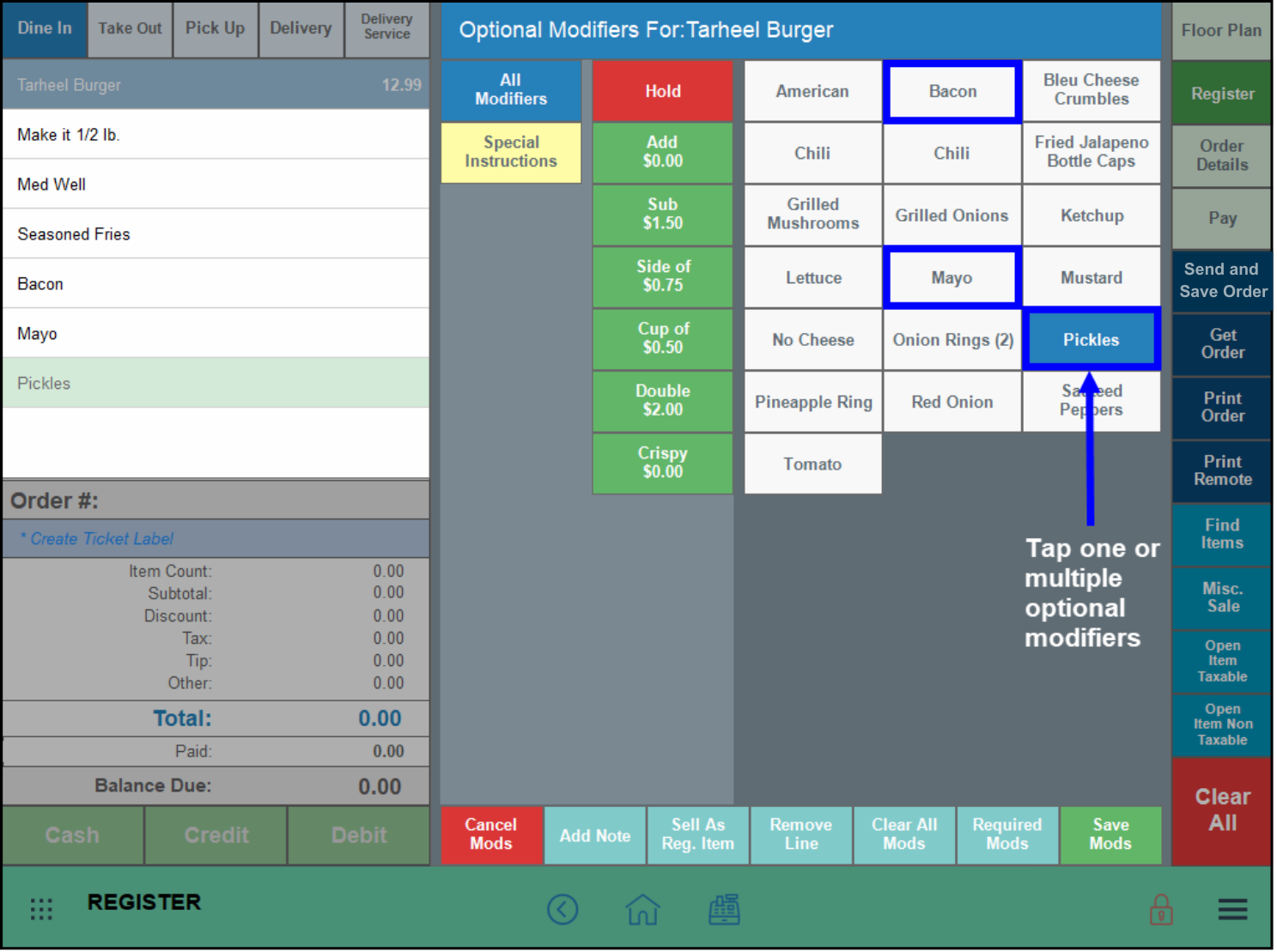 Bacon mayo and pickles modifier buttons highlighted in register