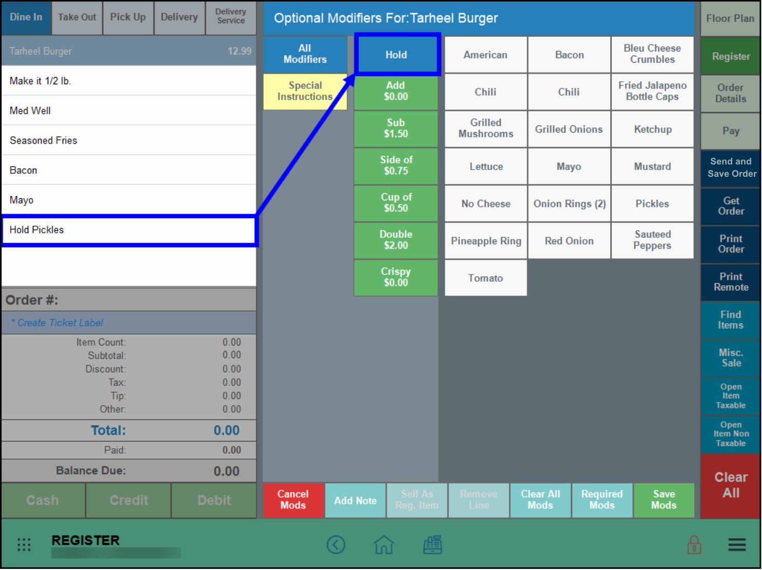 Hold pickles highlighted in register with arrow leading to hold button