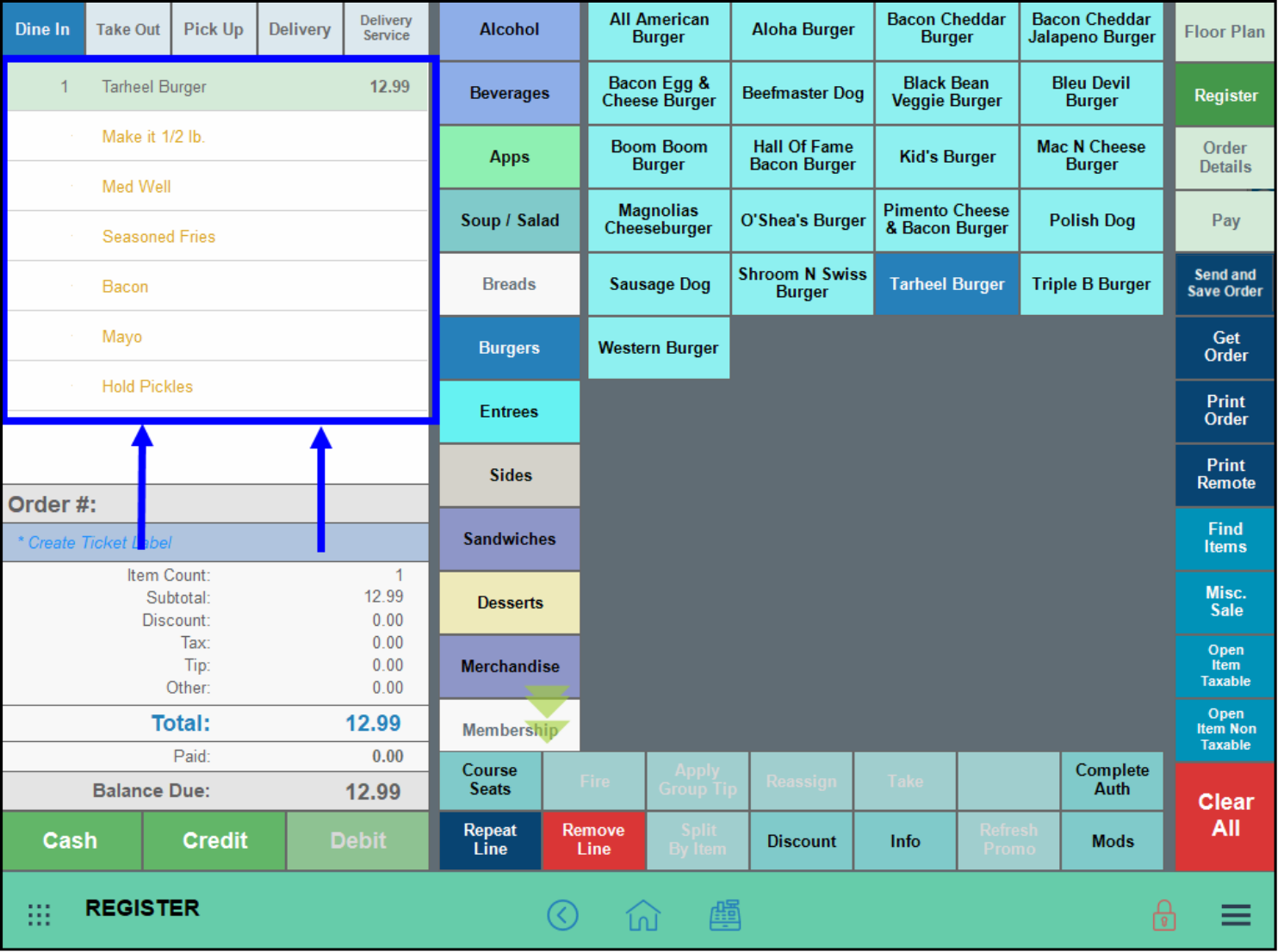 Order window highlighted in the register