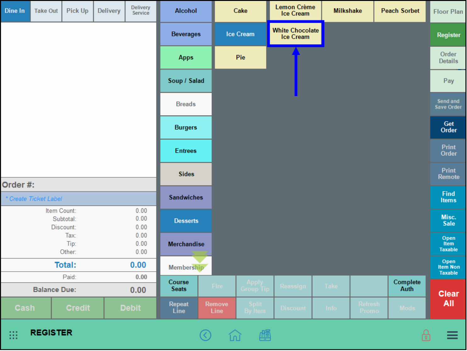 White chocolate ice cream button highlighted in the register