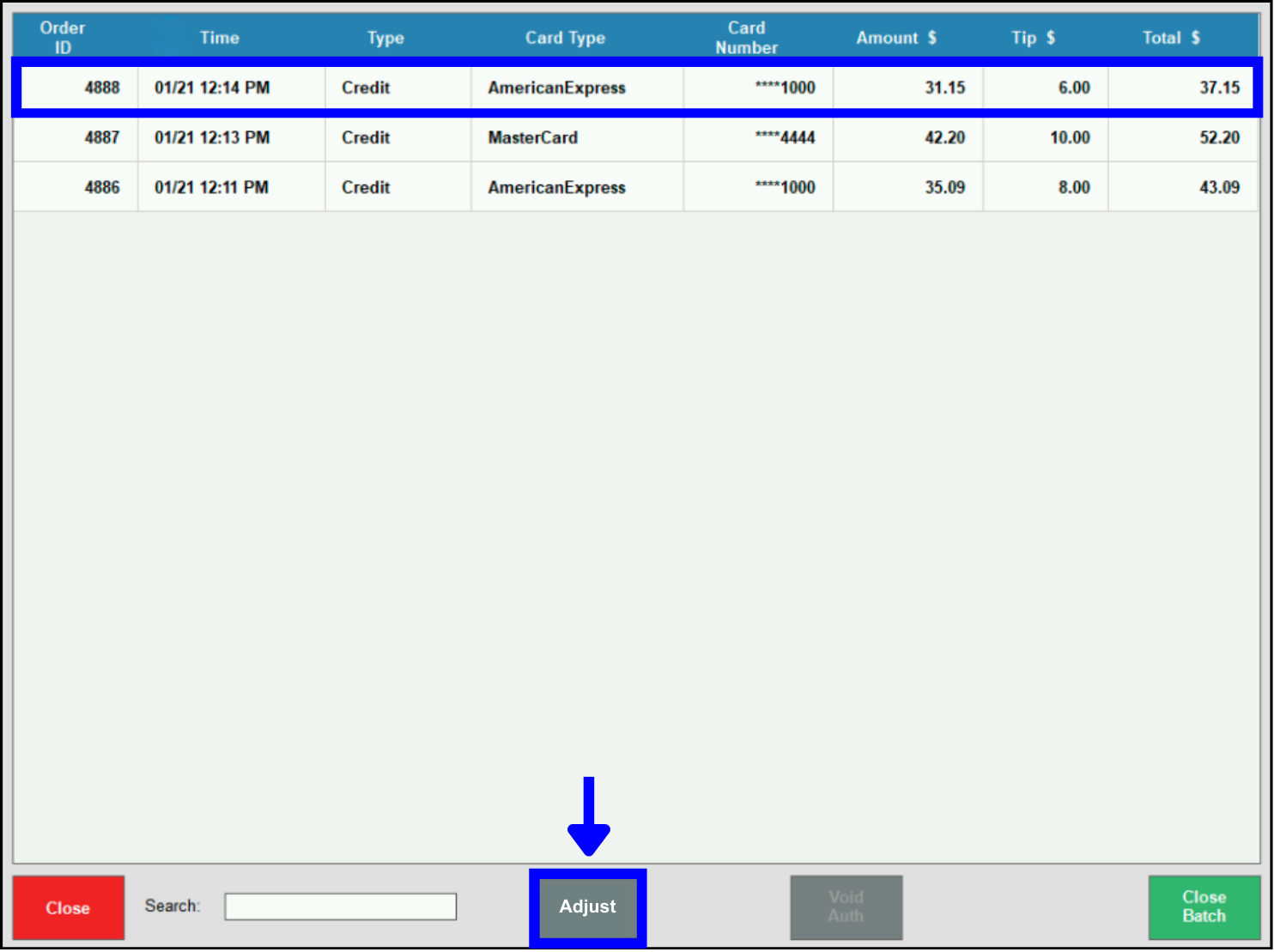 Select transaction, then tap Adjust 