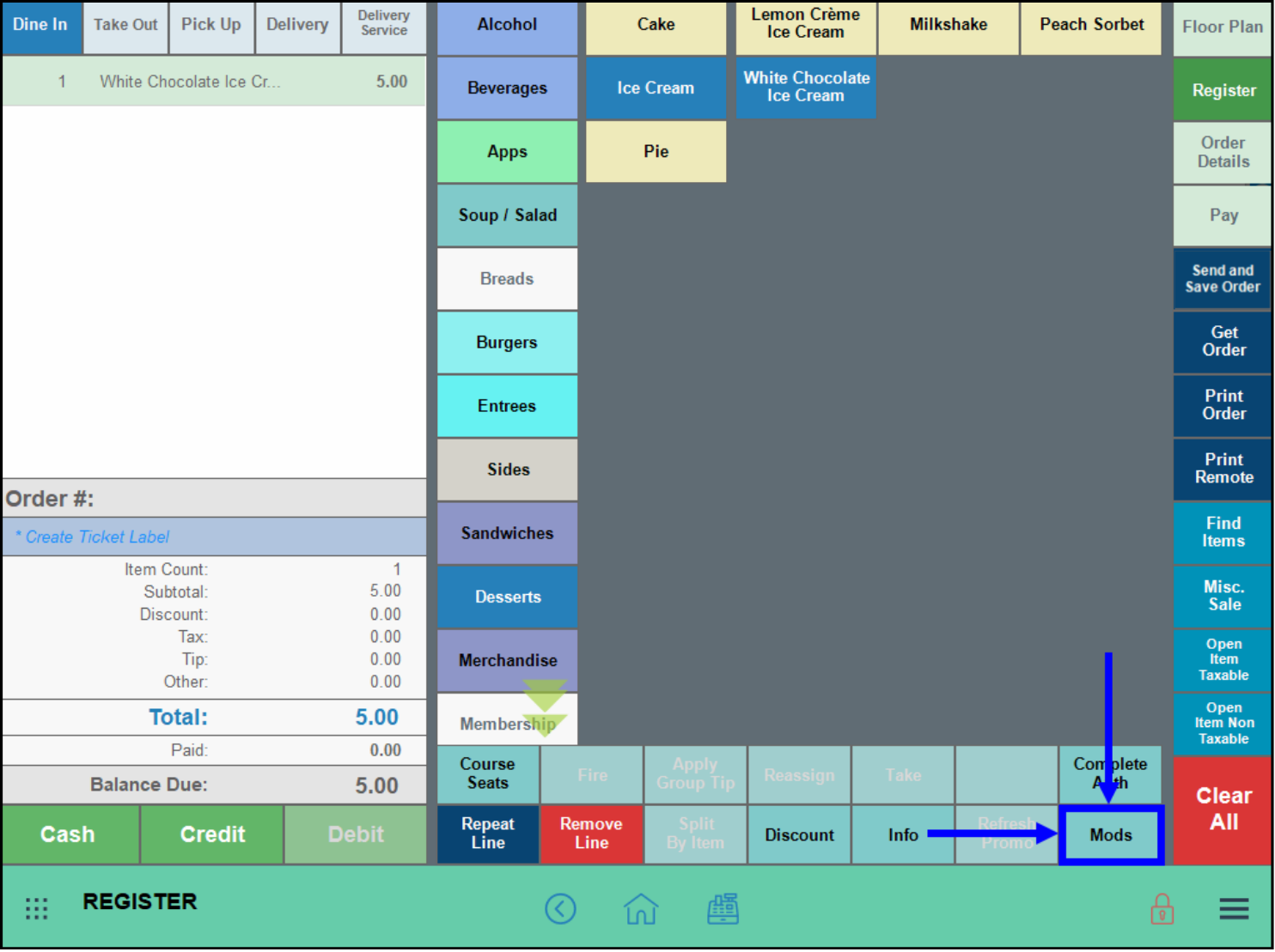 Mods tab highlighted in register