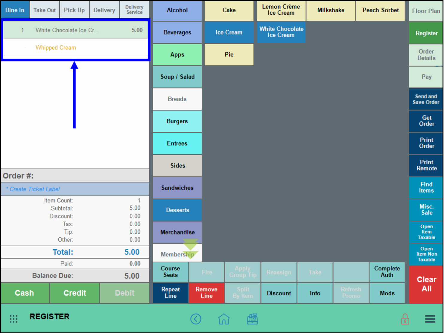 Order window highlighted in register