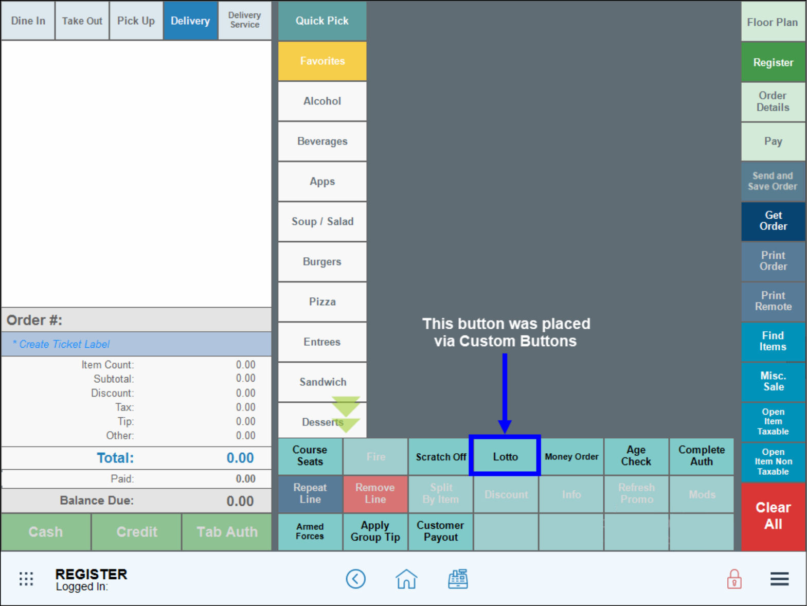 Lotto custom button highlighted in custom button grid at bottom of register app