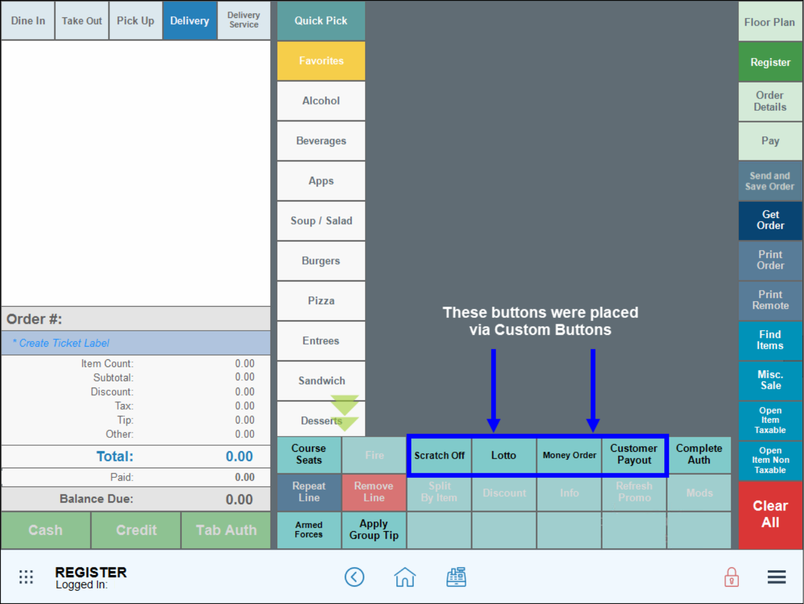 Scratch off lotto money order and customer payout custom buttons highlighted in grid at bottom of register app