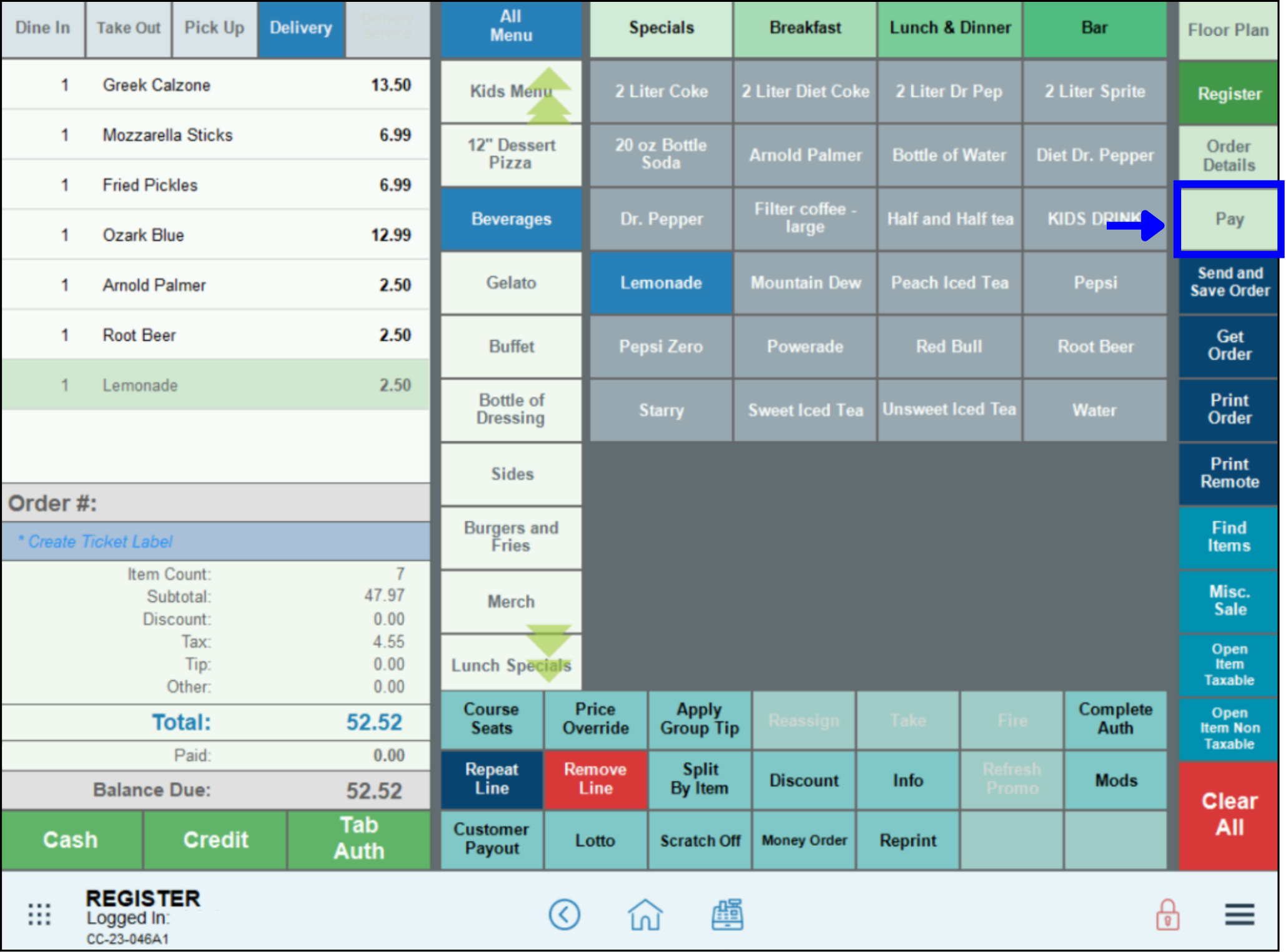 enter an order, then tap Pay