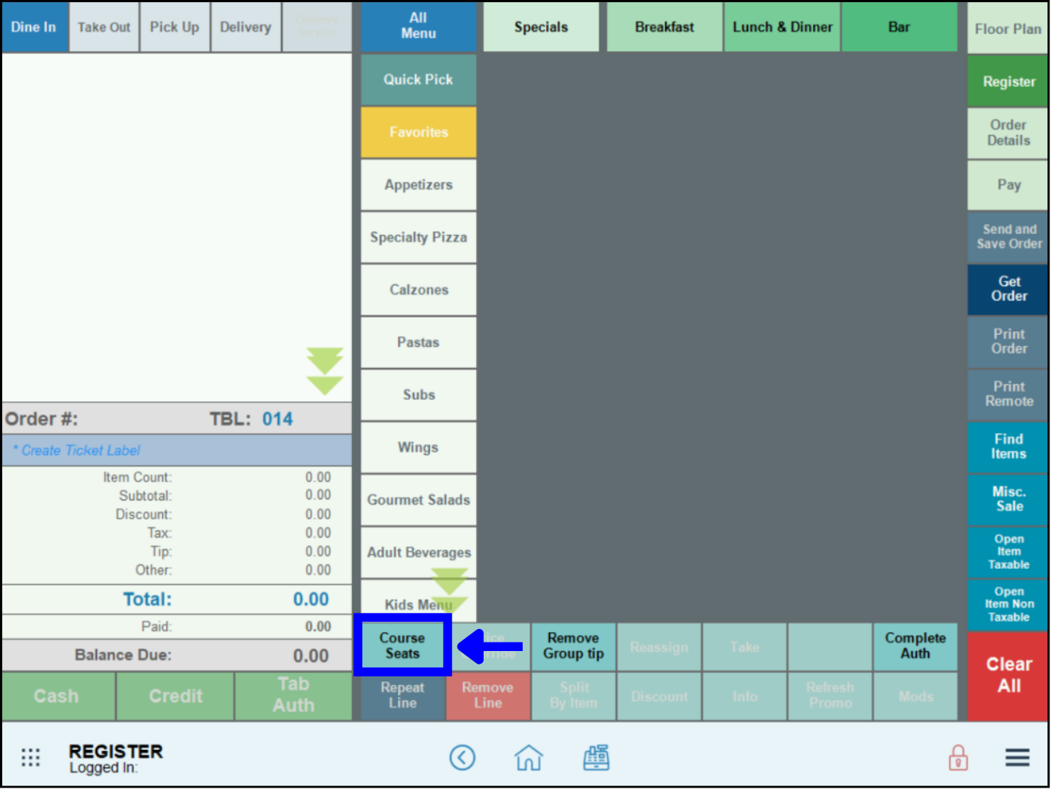 Course seats custom button highlighted on the register app