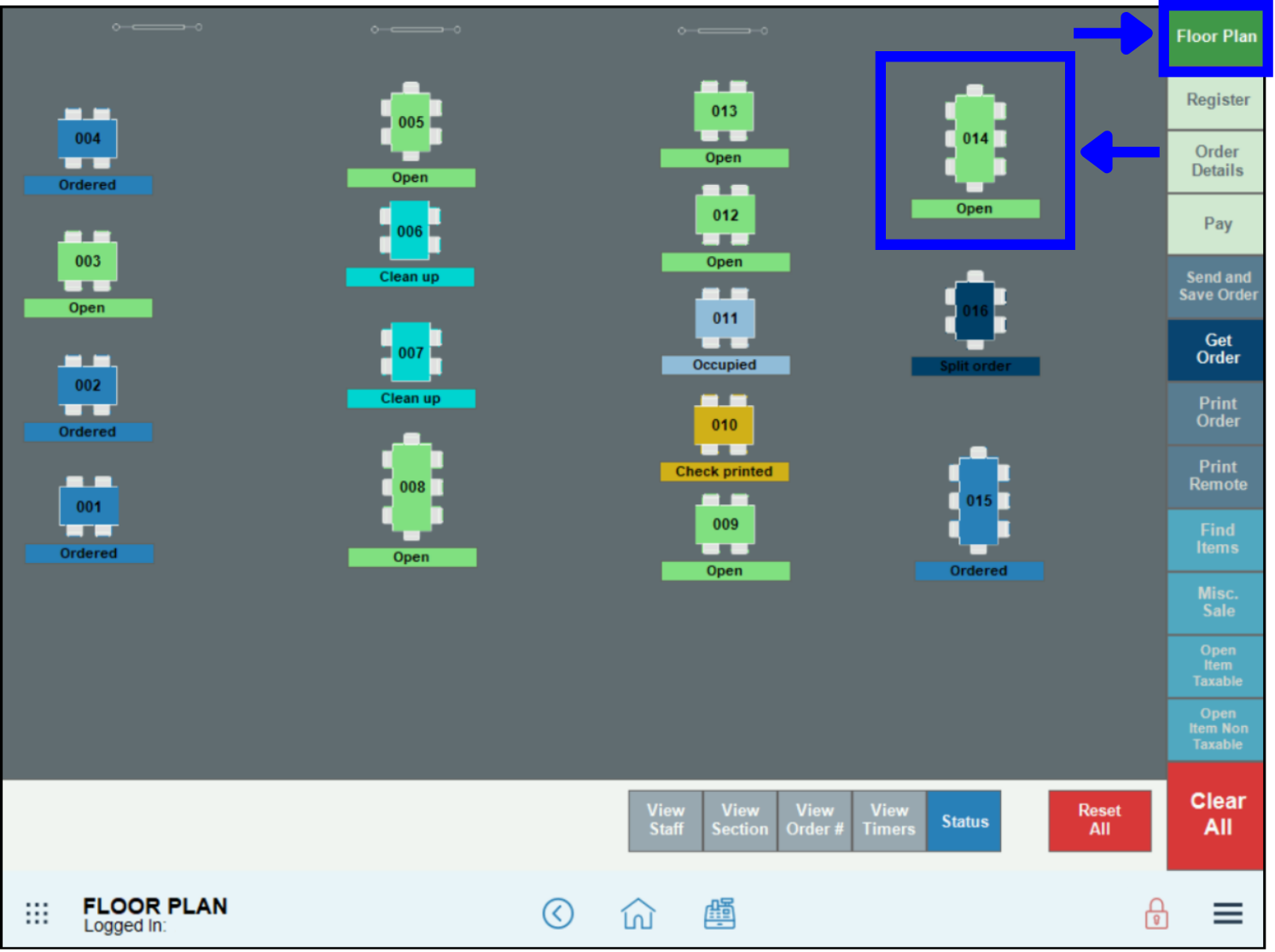 Table 14 highlighted in floor plan view