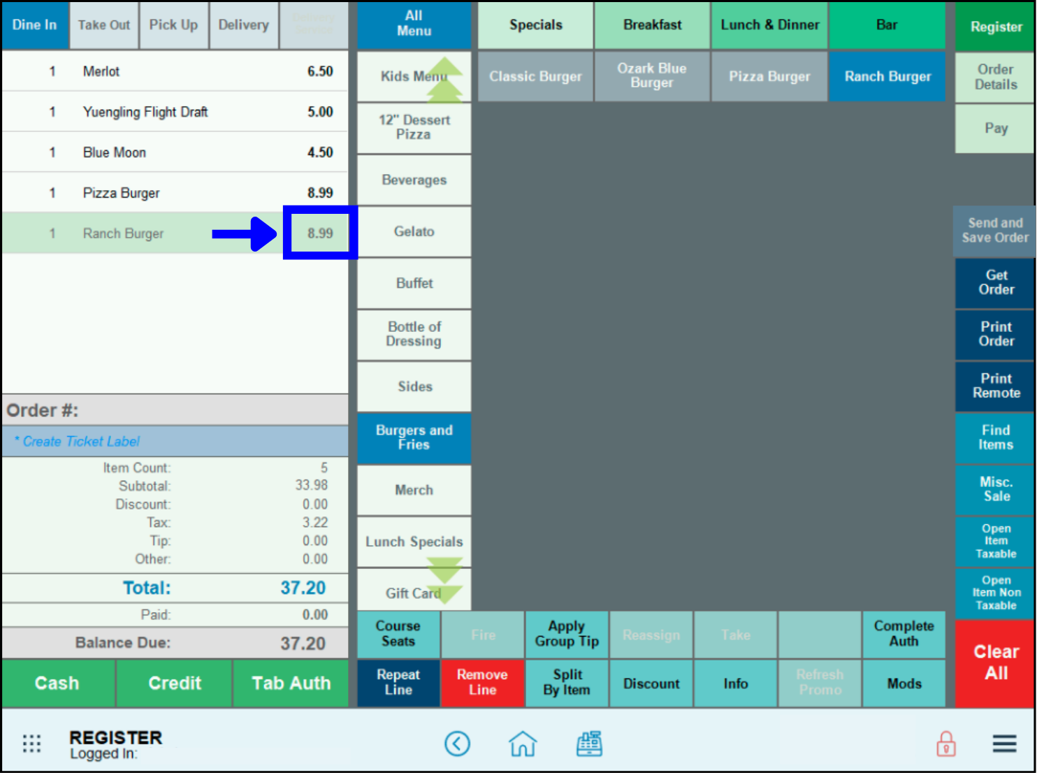 Ranch burger price highlighted on register order window