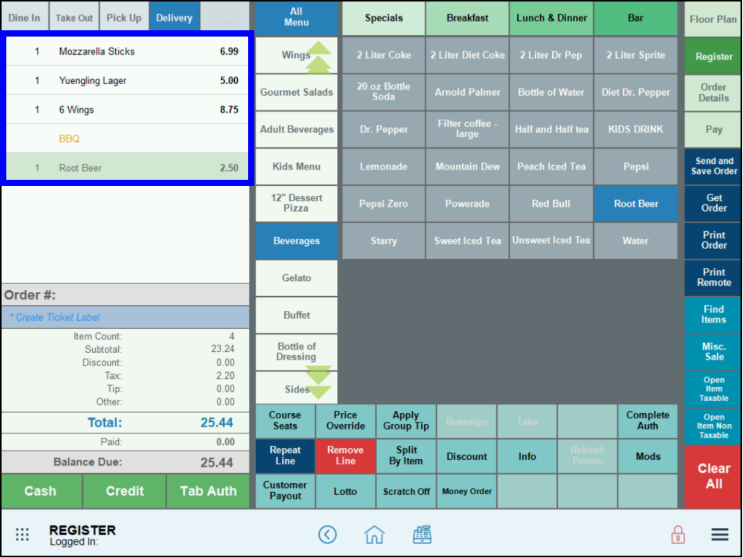 Order window highlighted in register app