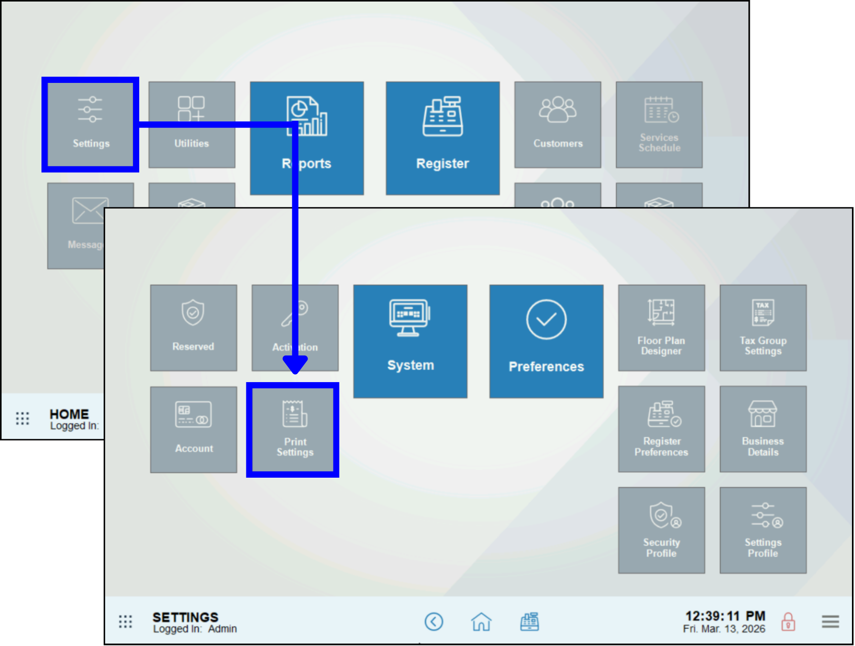 Settings module highlighted with arrow leading to print settings submodule