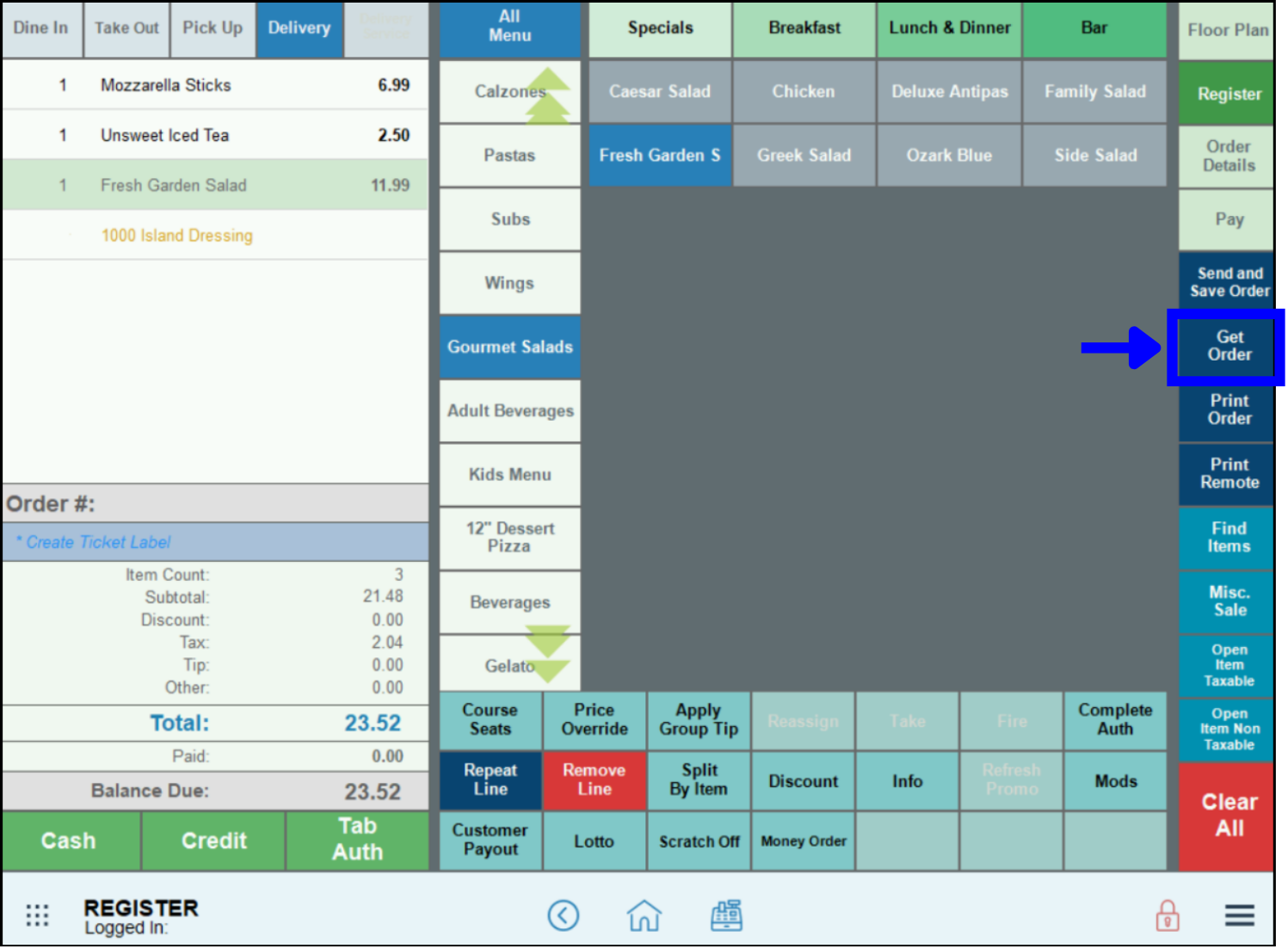 Get order tab highlighted on the register app
