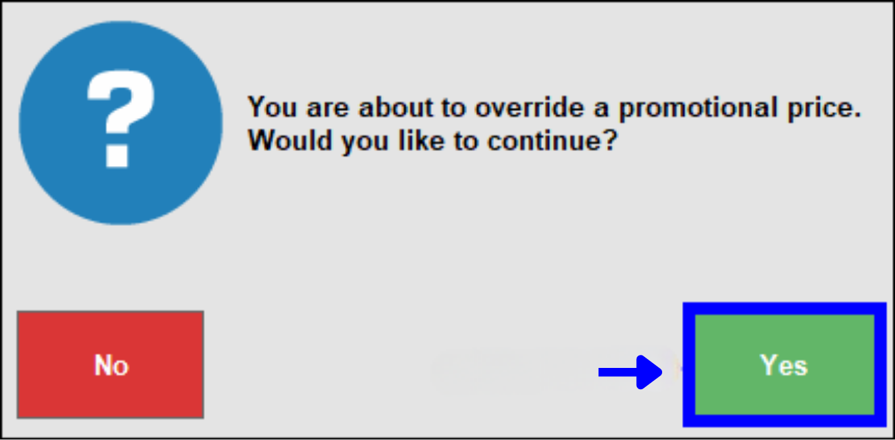 Yes button highlighted on price override warning popup