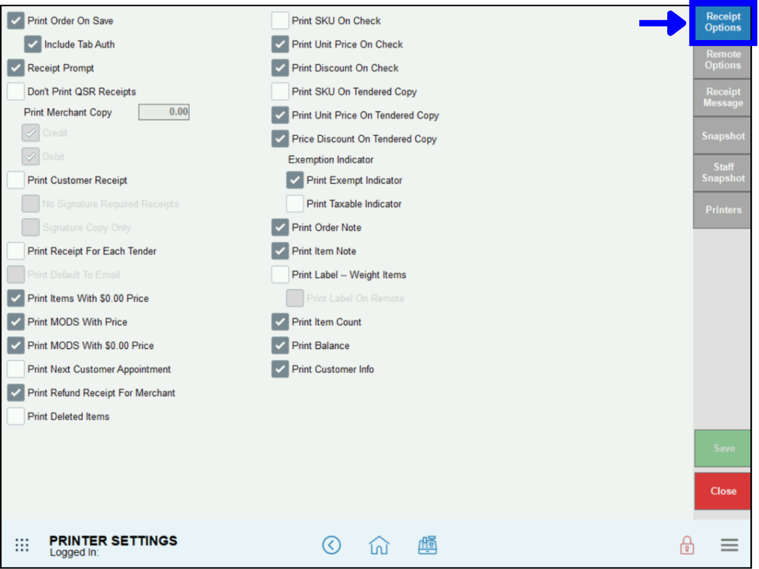 Receipt options tab highlighted on printer settings screen