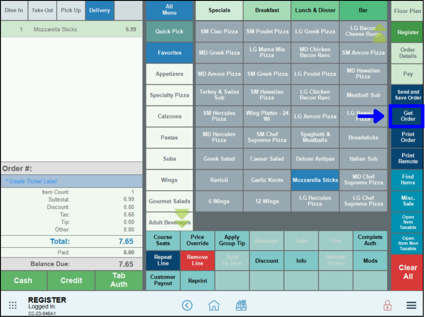 Get order button highlighted in the register app