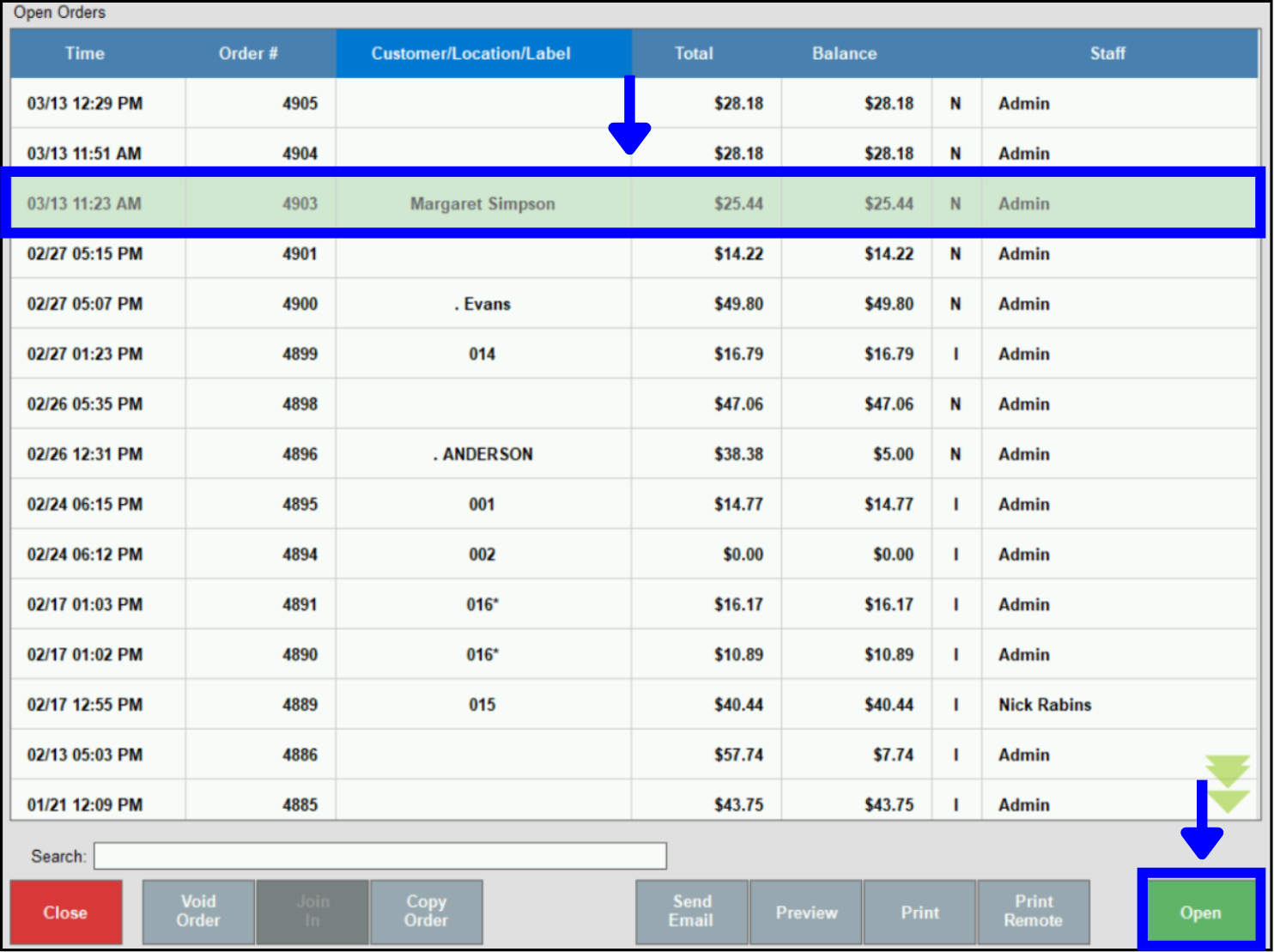 Open order for $25.44 selected on open orders screen with arrow leading to open button