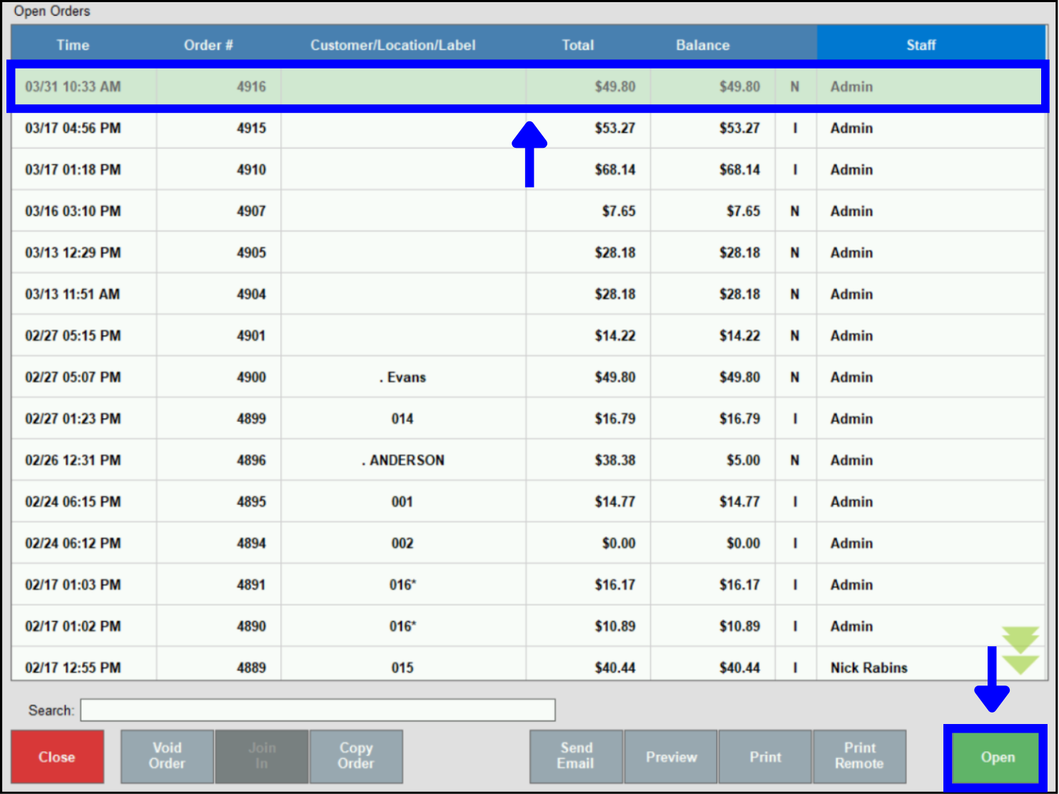 Order highlighted from the open orders list