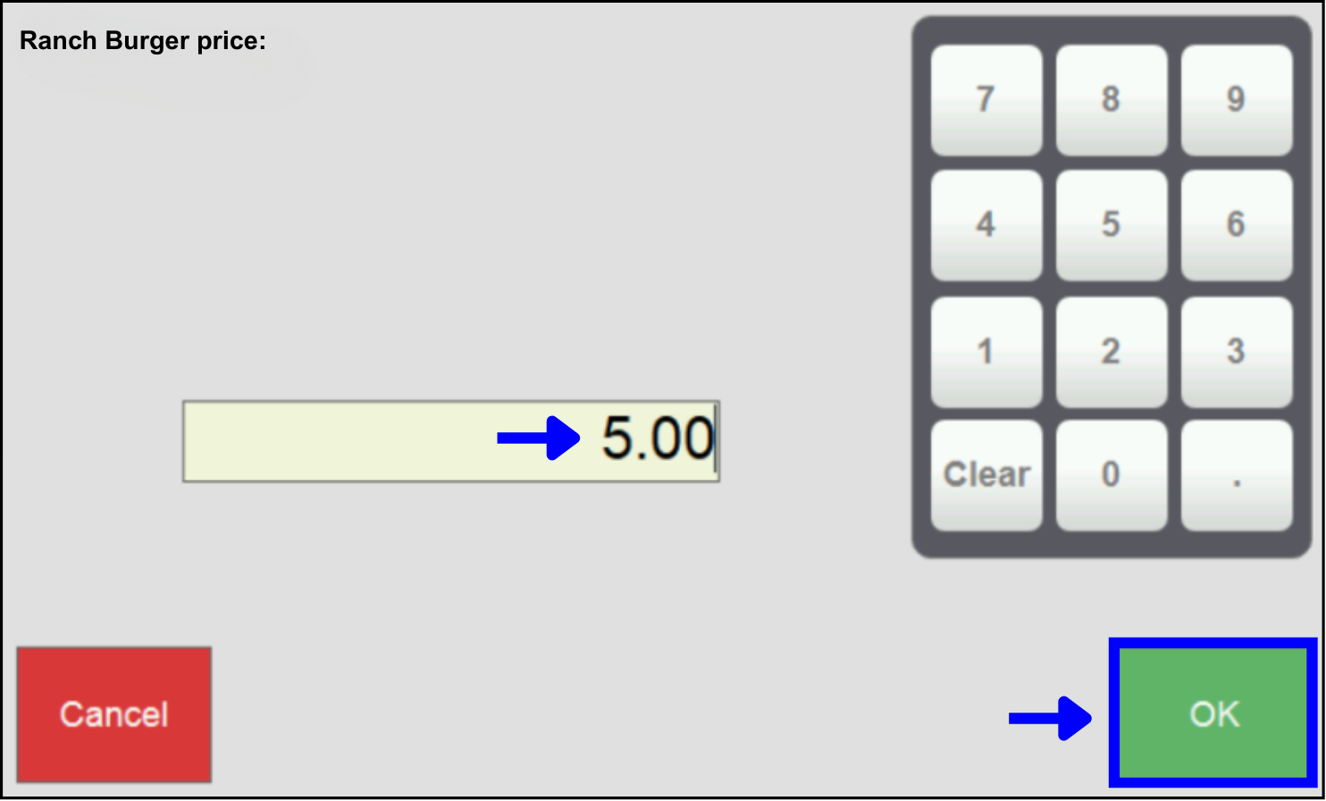 Ranch burger price reduced on price override popup with ok button highlighted
