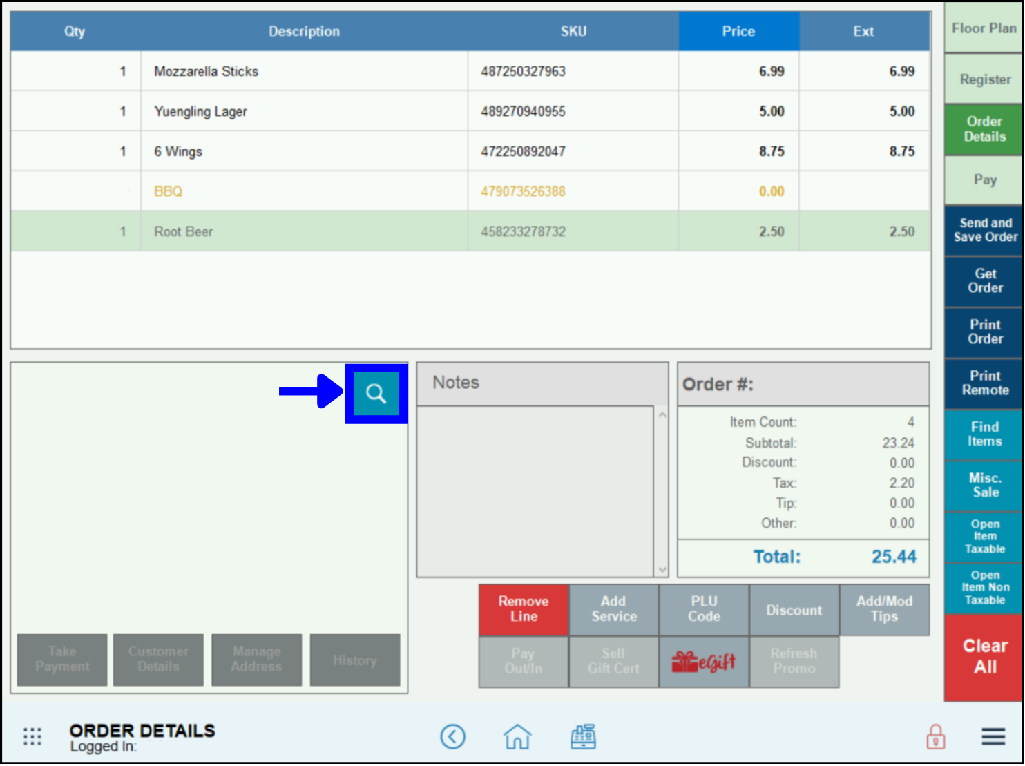 Arrow pointing to magnifying glass search icon