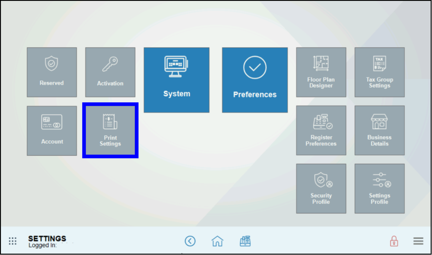 Print settings module selected on settings screen