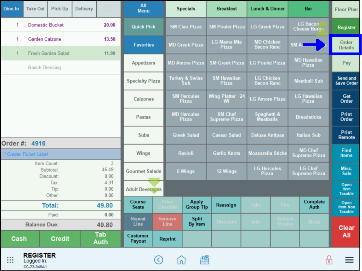 Order details tab highlighted in the register app