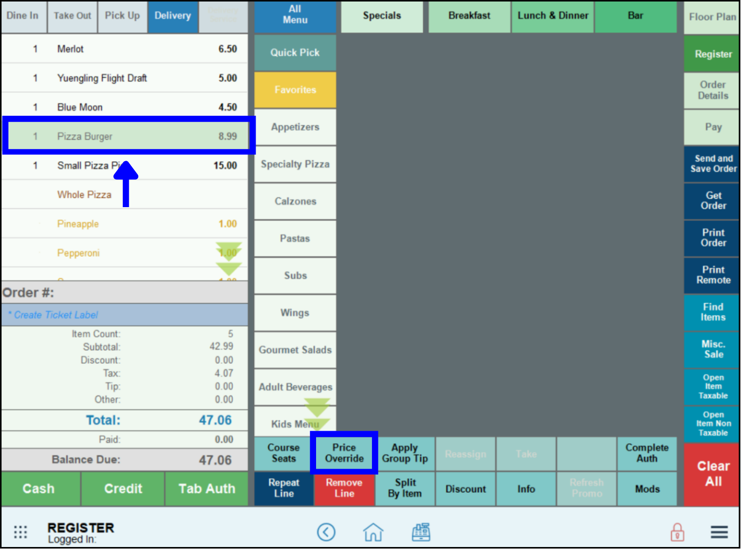 Pizza burger and price override custom button highlighted on register order window