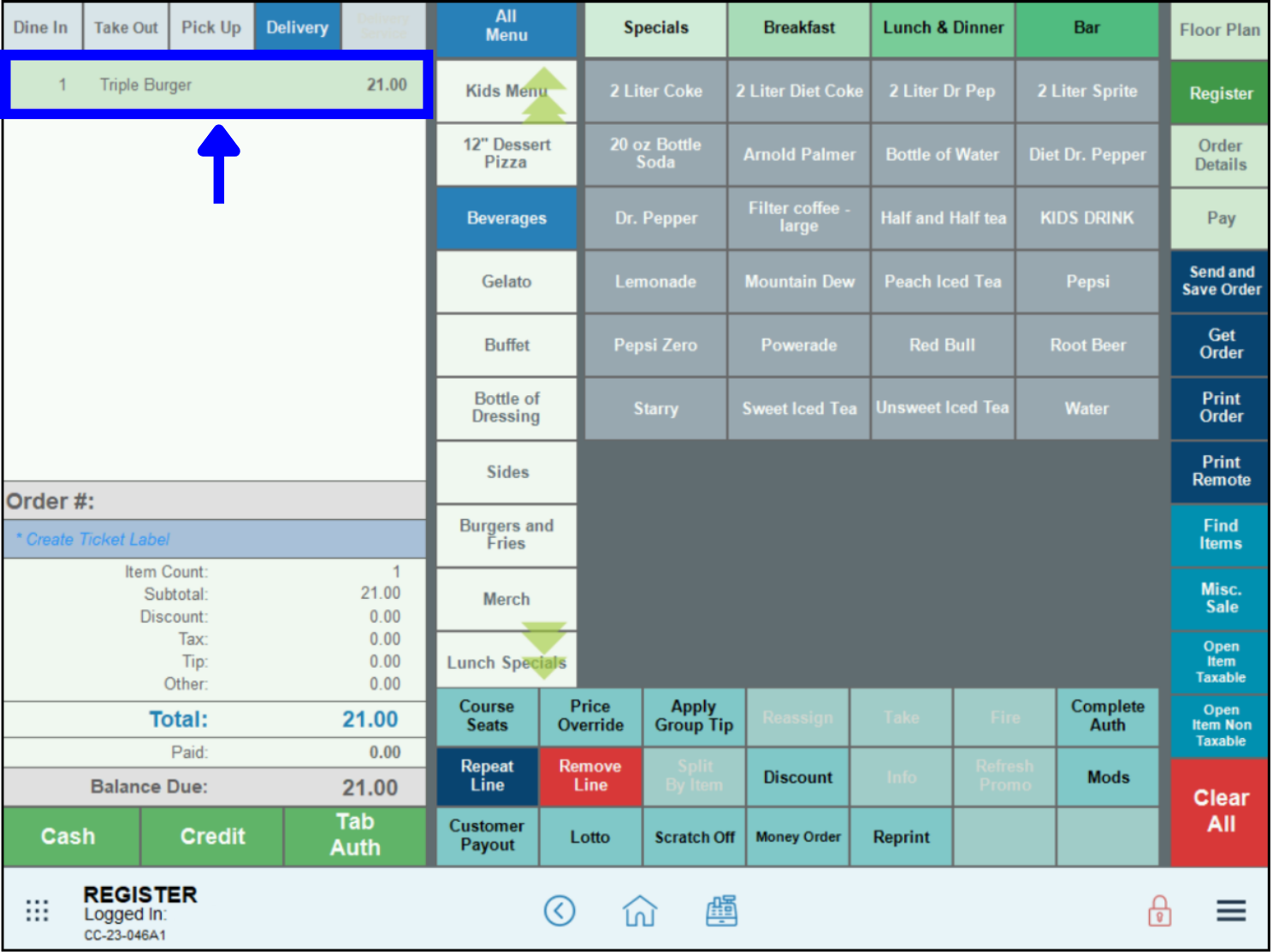 Triple burger displays in register order pane
