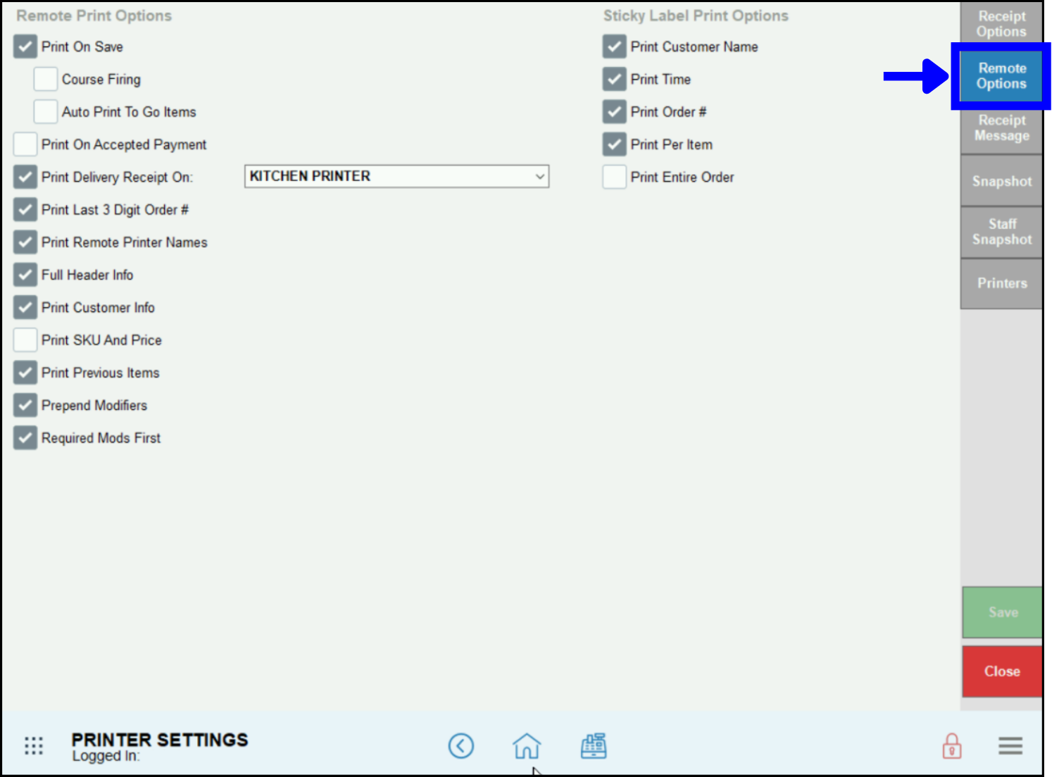 Print order on save setting highlighted on printer settings screen