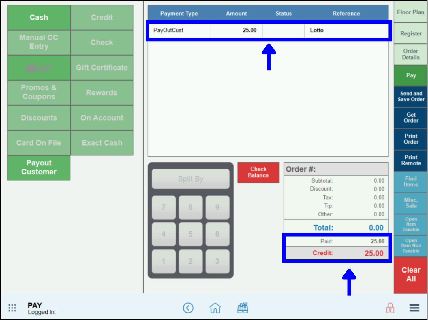 Powerball payout details highlighted on pay screen with arrow leading to credit field
