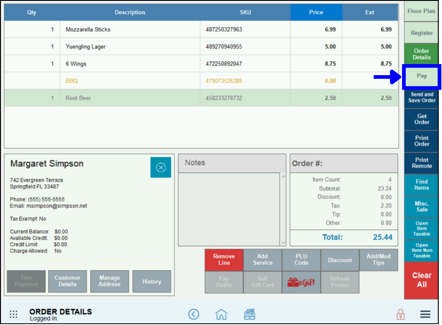 Pay button highlighted on order details screen
