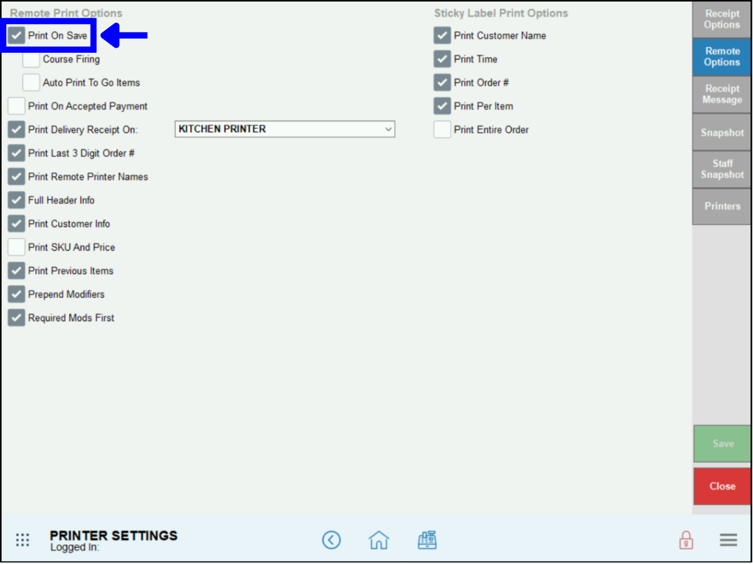 Print on save setting highlighted on printer settings screen next to sample kitchen ticket
