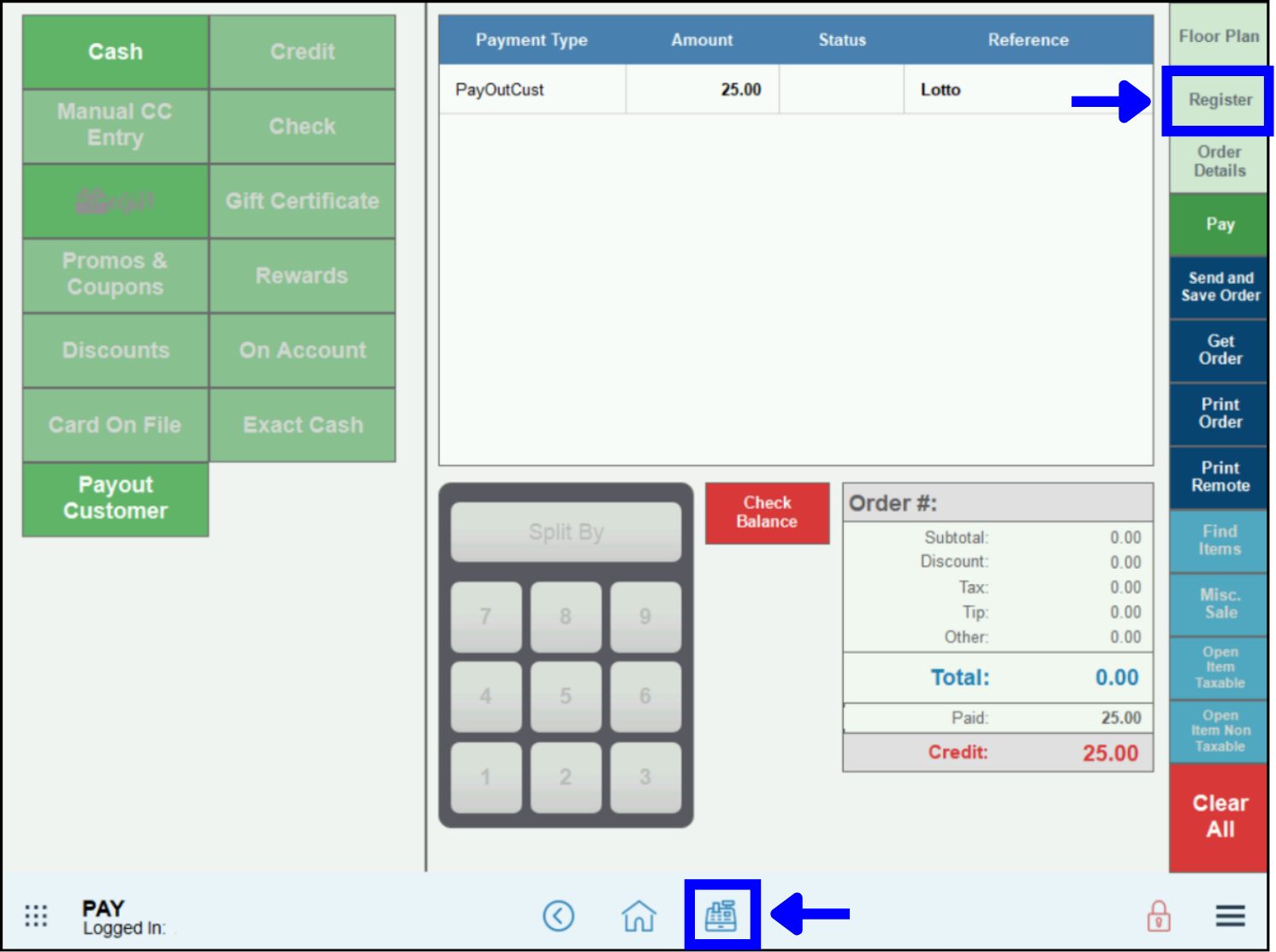 Pay screen with home icon and register tab highlighted