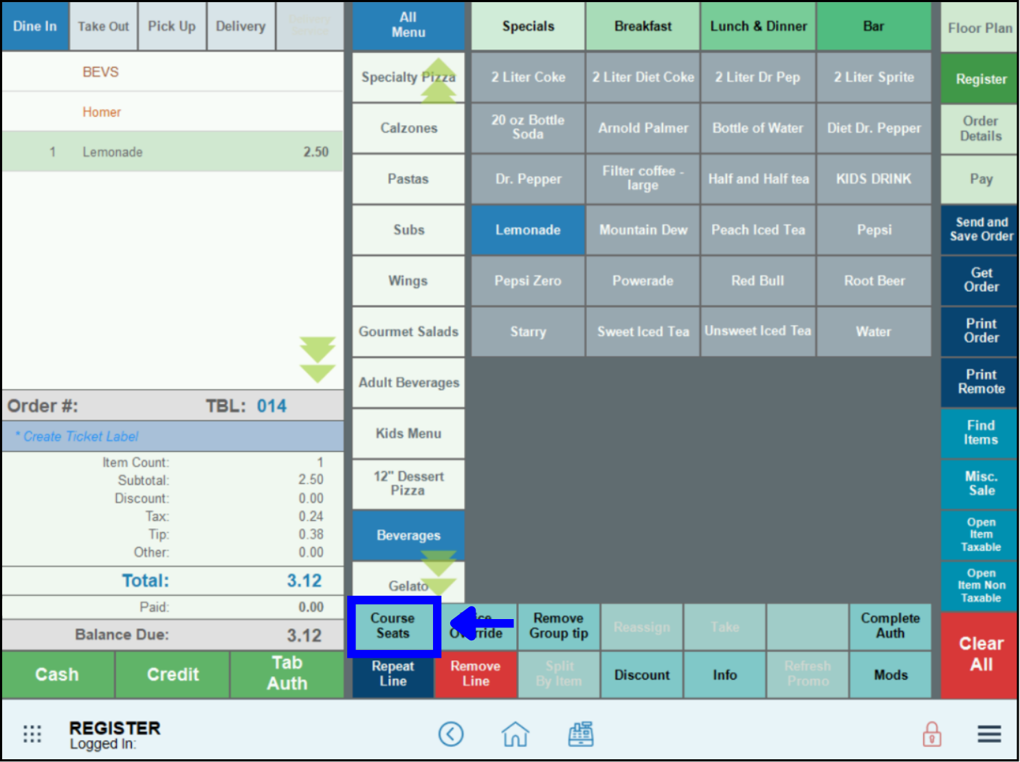 Course seats custom button highlighted on the register app