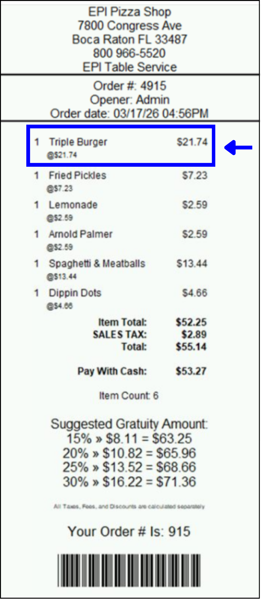 Triple burger displays on customer ticket