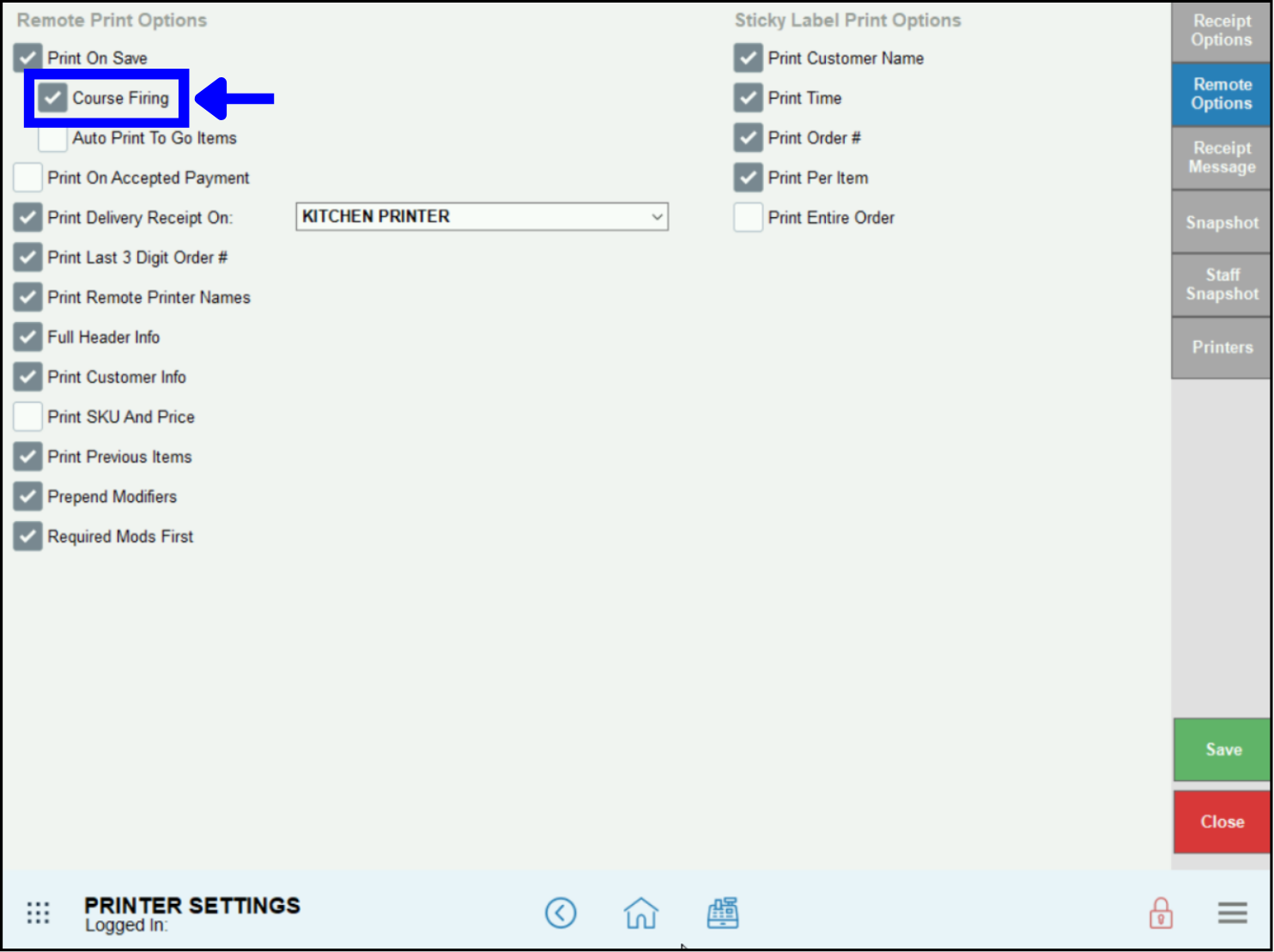 Course firing checkbox selected